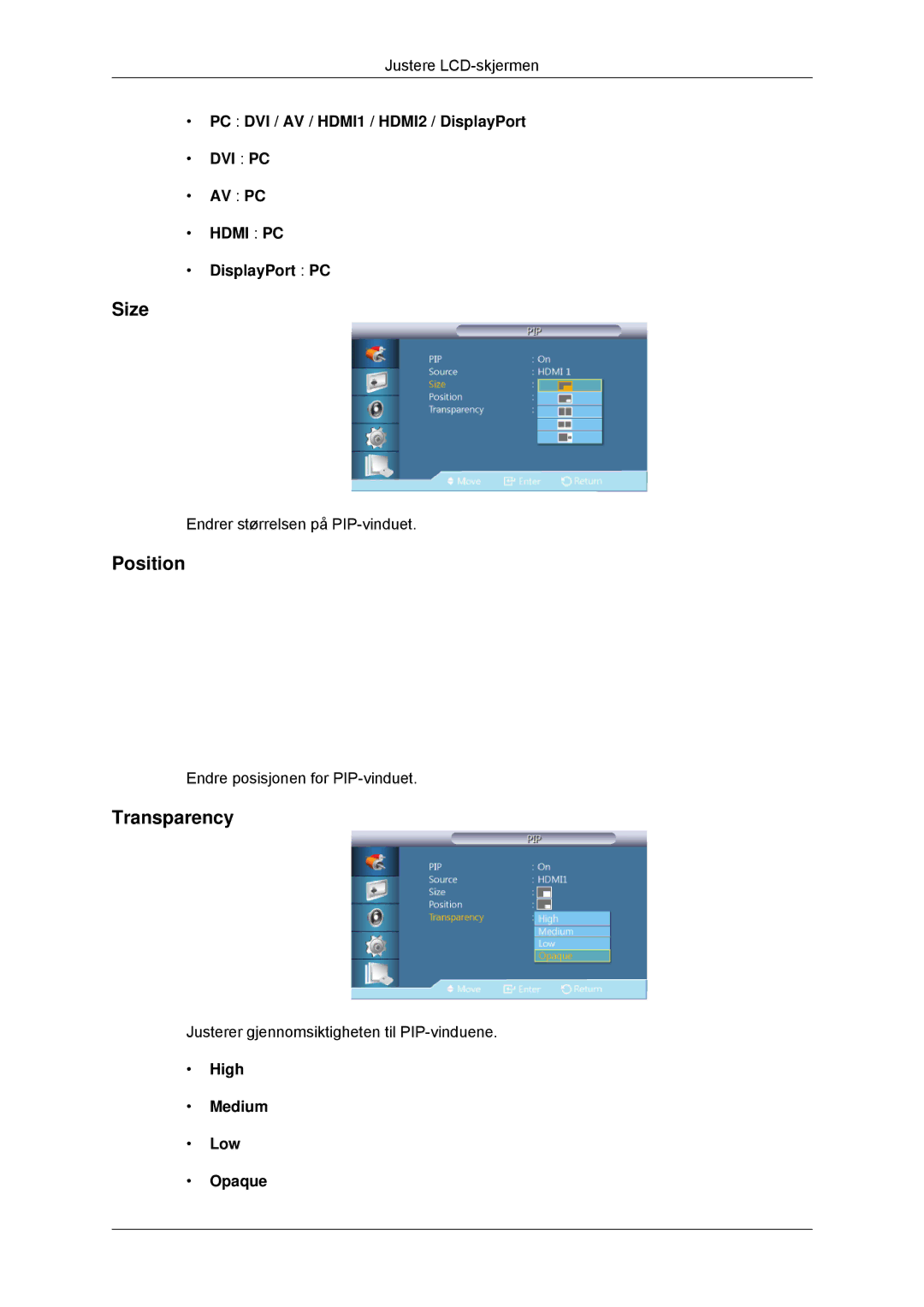 Samsung LH32CRSMBC/EN, LH32CRTMBC/EN, LH32CRSMBD/EN manual Size, Position, Transparency 