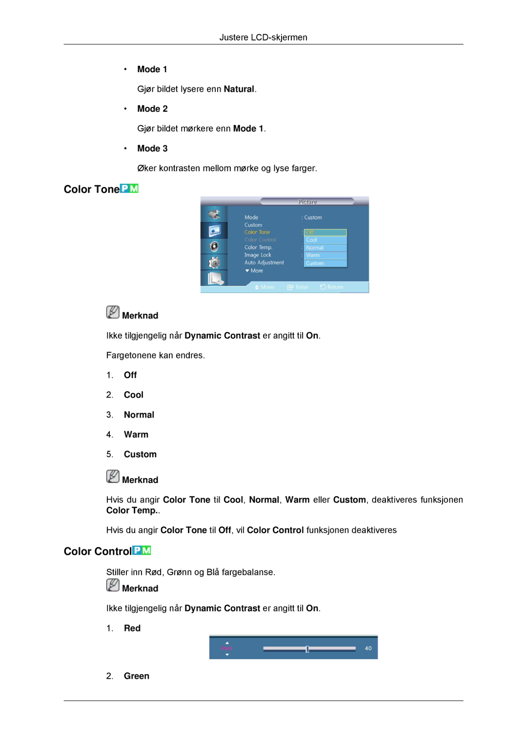 Samsung LH32CRTMBC/EN, LH32CRSMBC/EN manual Color Tone, Color Control, Mode, Off Cool Normal Warm Custom Merknad, Red Green 