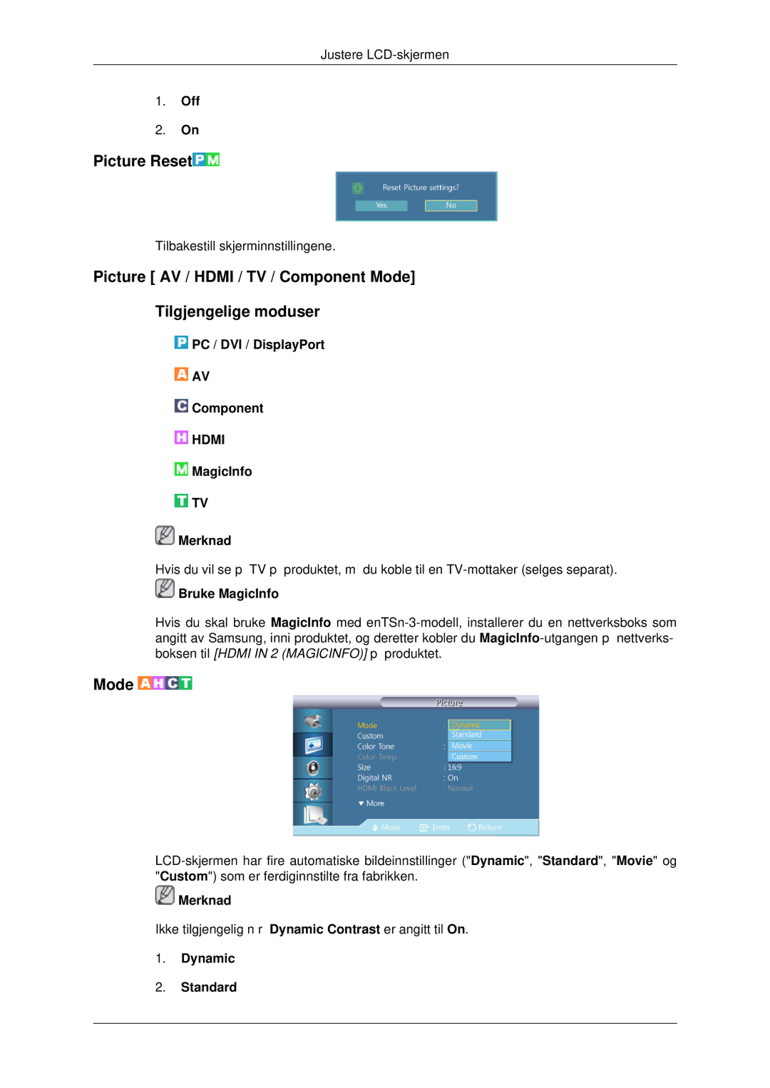 Samsung LH32CRSMBD/EN, LH32CRTMBC/EN, LH32CRSMBC/EN manual Picture Reset, Dynamic Standard 