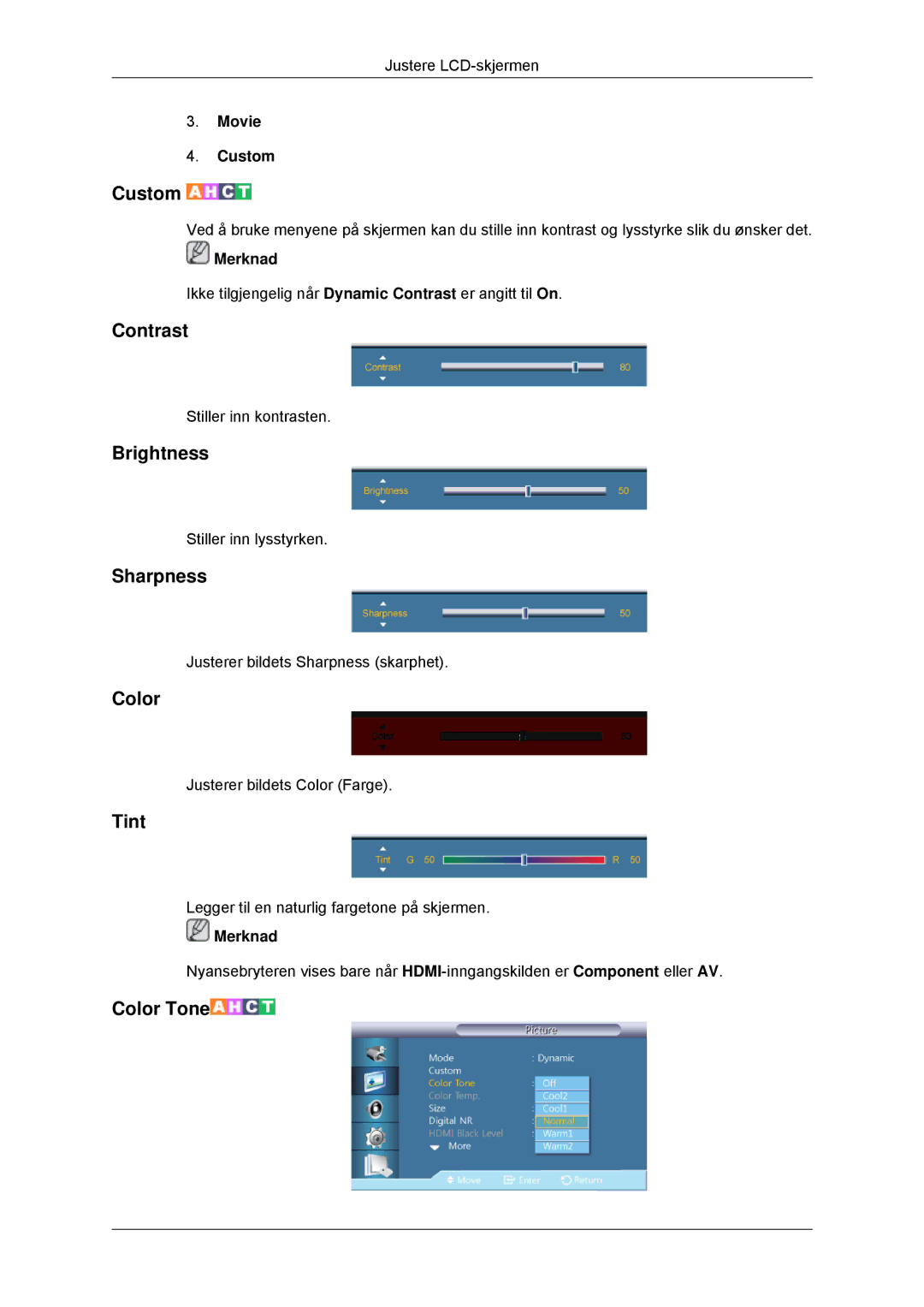 Samsung LH32CRTMBC/EN, LH32CRSMBC/EN, LH32CRSMBD/EN manual Contrast, Brightness, Sharpness, Color, Tint 