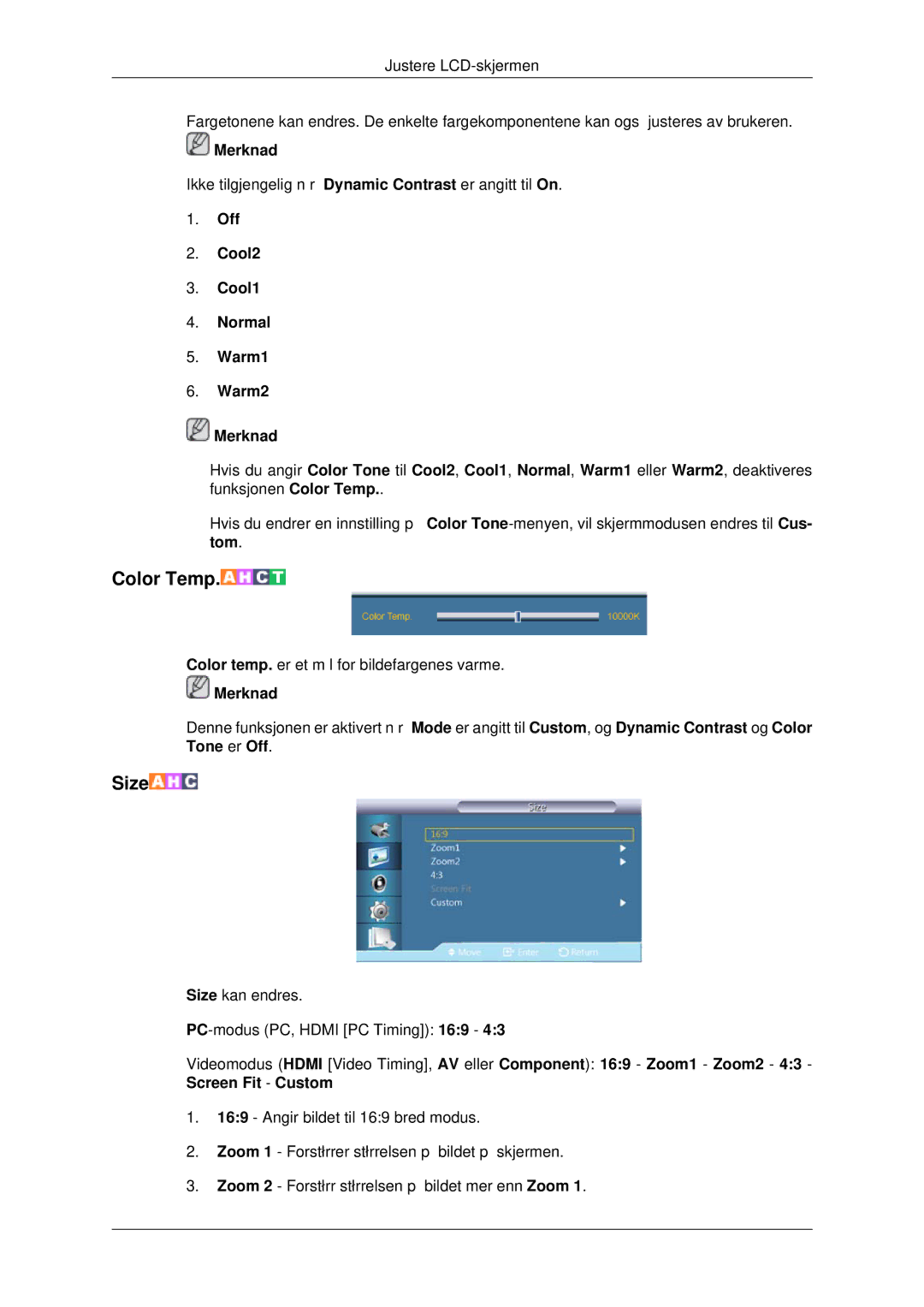 Samsung LH32CRSMBC/EN, LH32CRTMBC/EN, LH32CRSMBD/EN manual Color Temp, Off Cool2 Cool1 Normal Warm1 Warm2 Merknad 