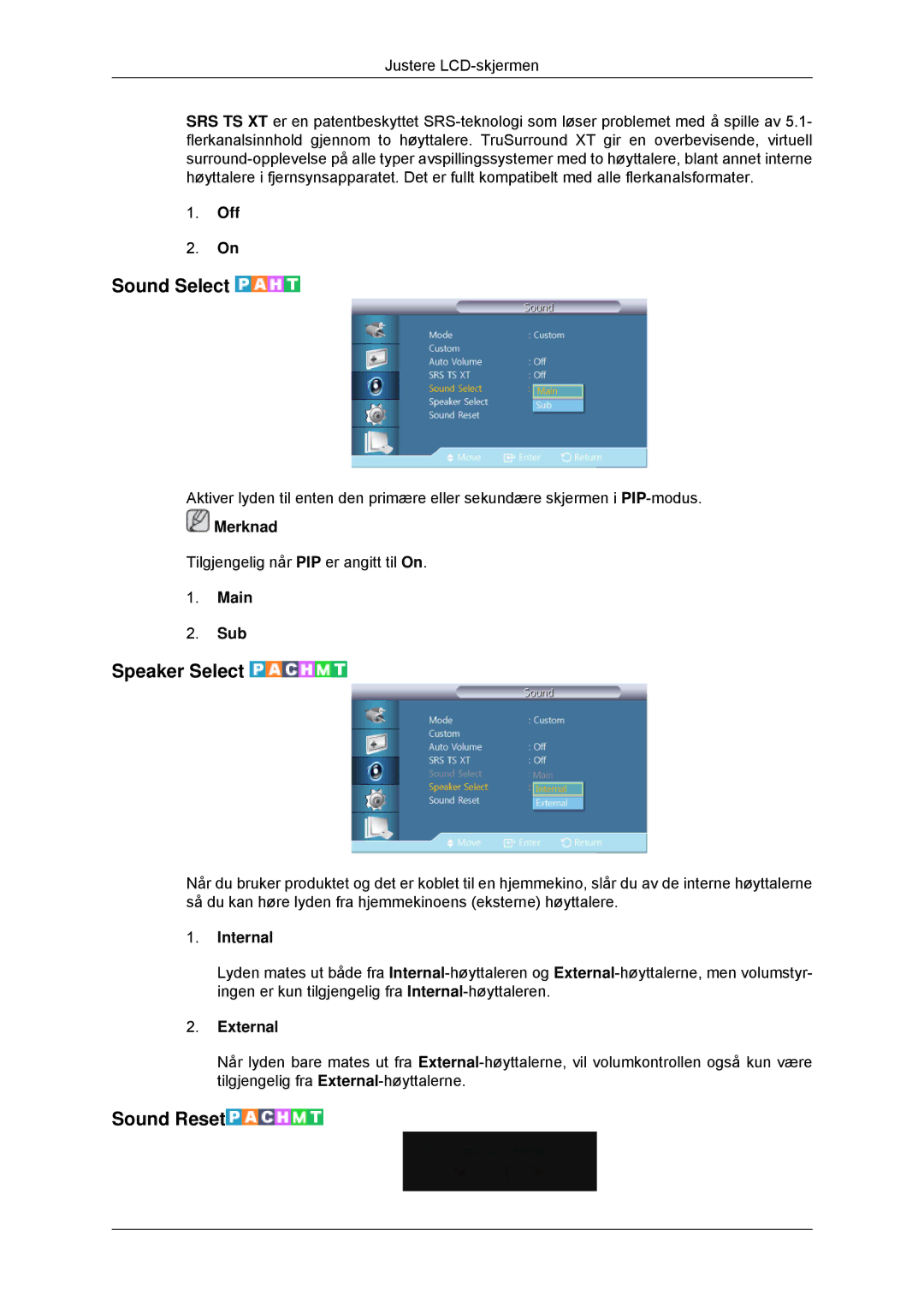 Samsung LH32CRSMBC/EN, LH32CRTMBC/EN, LH32CRSMBD/EN manual Sound Select, Speaker Select, Sound Reset 