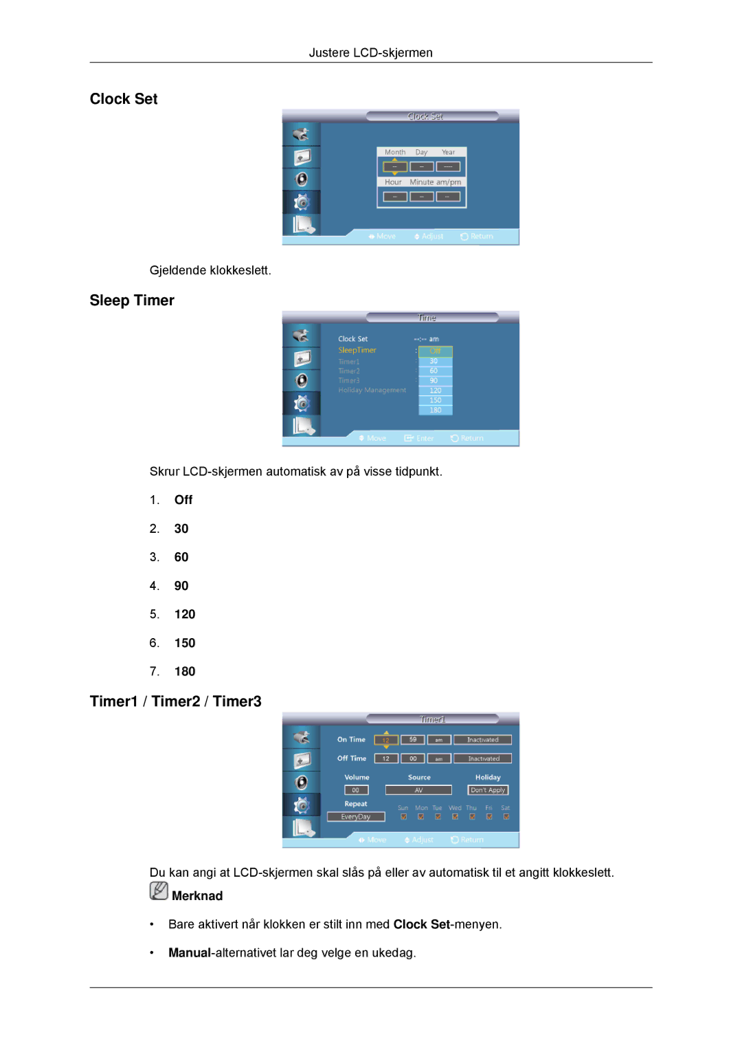 Samsung LH32CRTMBC/EN, LH32CRSMBC/EN, LH32CRSMBD/EN manual Clock Set, Sleep Timer, Timer1 / Timer2 / Timer3 