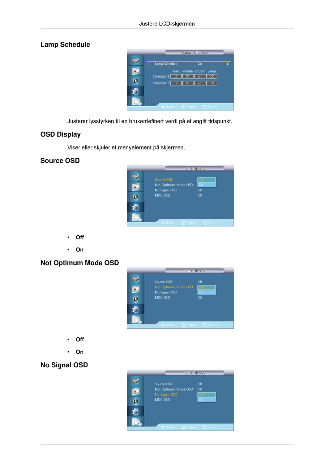 Samsung LH32CRSMBC/EN, LH32CRTMBC/EN manual Lamp Schedule, OSD Display, Source OSD, Not Optimum Mode OSD, No Signal OSD 