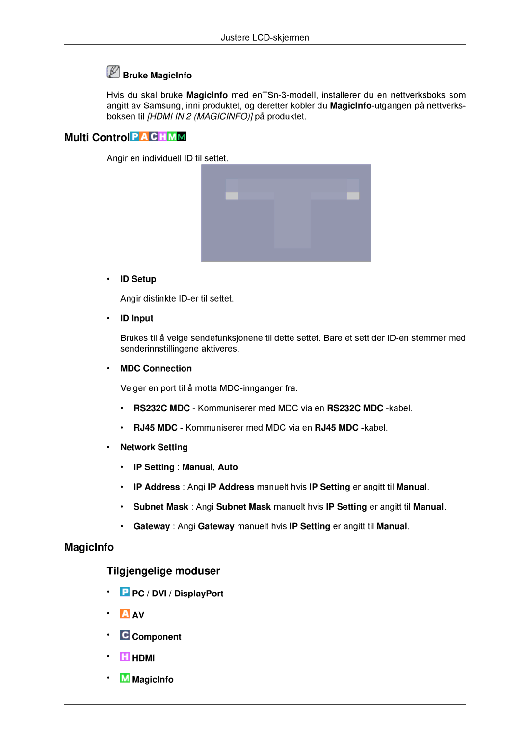 Samsung LH32CRSMBC/EN, LH32CRTMBC/EN Multi Control, MagicInfo Tilgjengelige moduser, ID Setup, ID Input, MDC Connection 