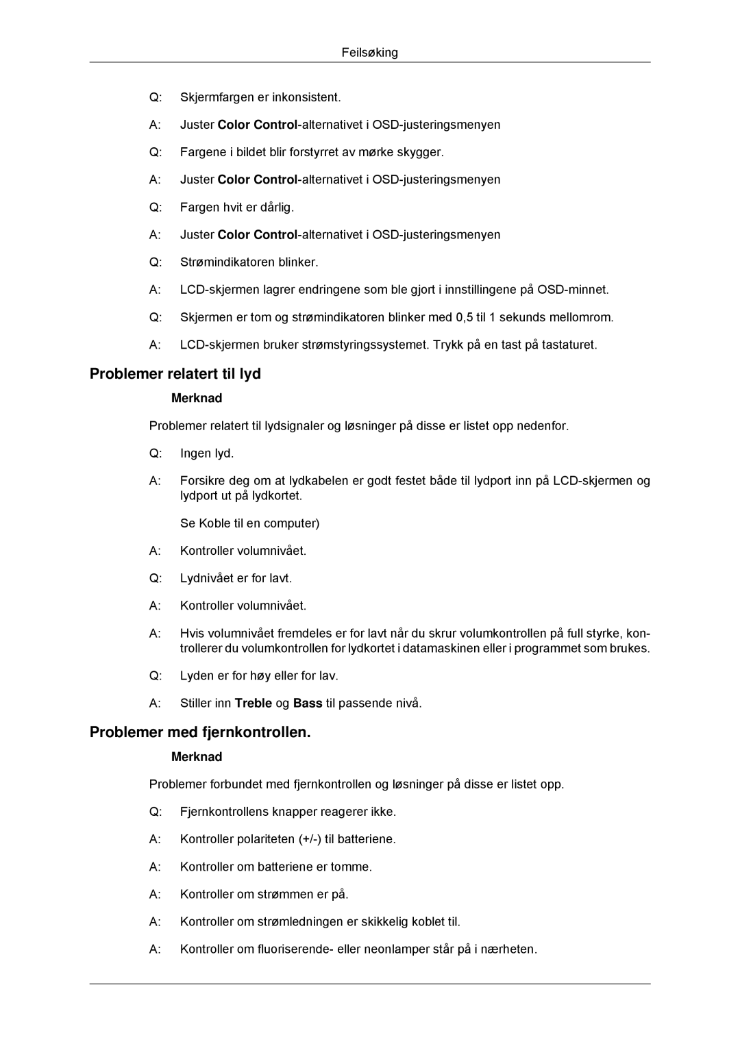 Samsung LH32CRTMBC/EN, LH32CRSMBC/EN, LH32CRSMBD/EN manual Problemer relatert til lyd, Problemer med fjernkontrollen 