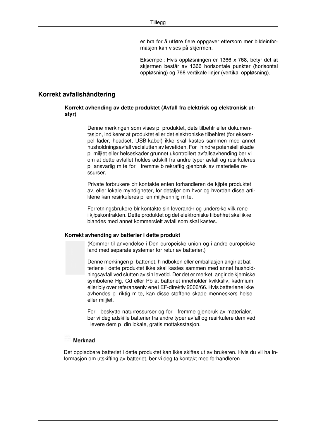 Samsung LH32CRSMBD/EN, LH32CRTMBC/EN manual Korrekt avfallshåndtering, Korrekt avhending av batterier i dette produkt 