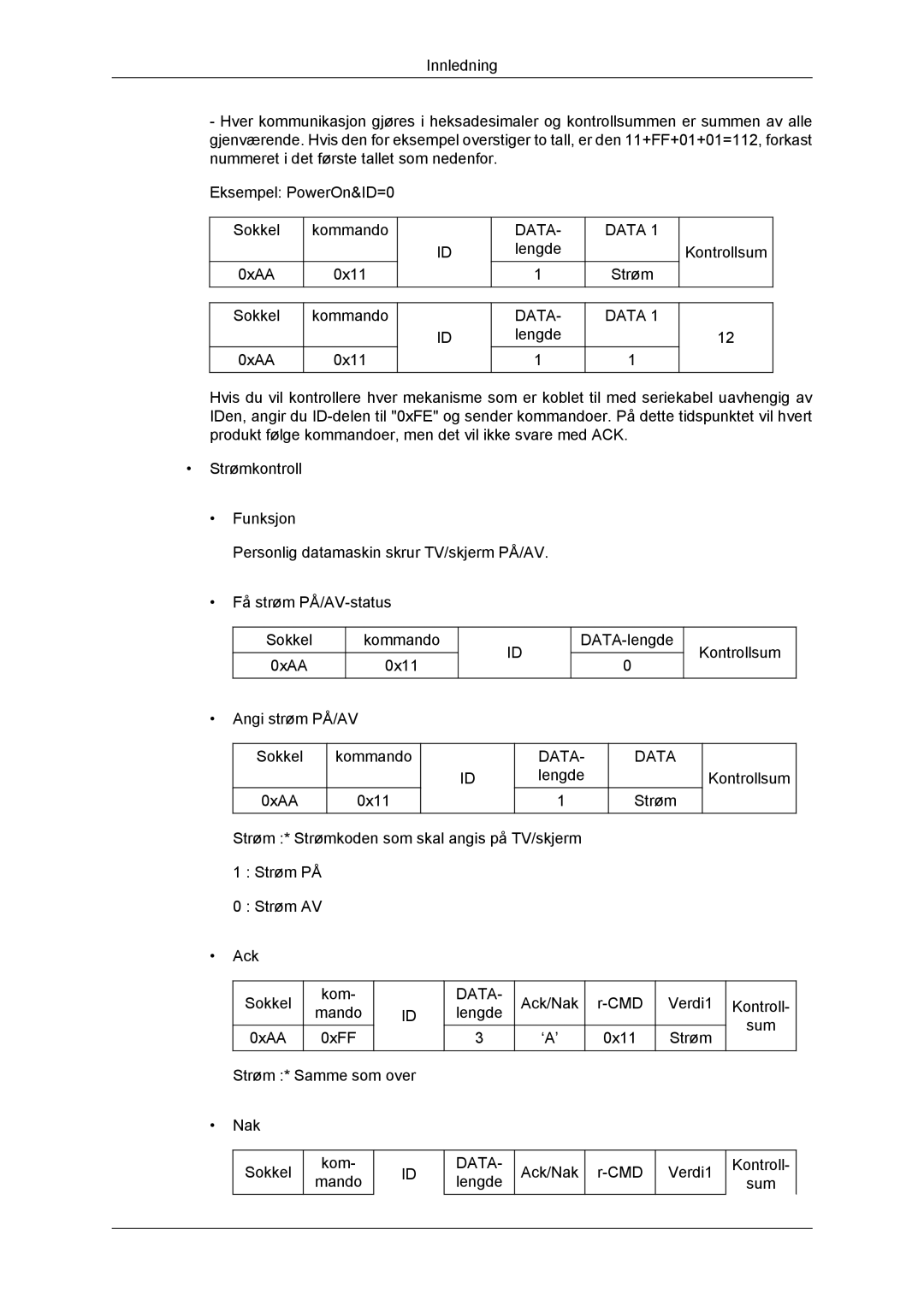 Samsung LH32CRSMBD/EN, LH32CRTMBC/EN, LH32CRSMBC/EN manual Strøm Kontrollsum Sokkel 0xAA Kommando 0x11 DATA- lengde 