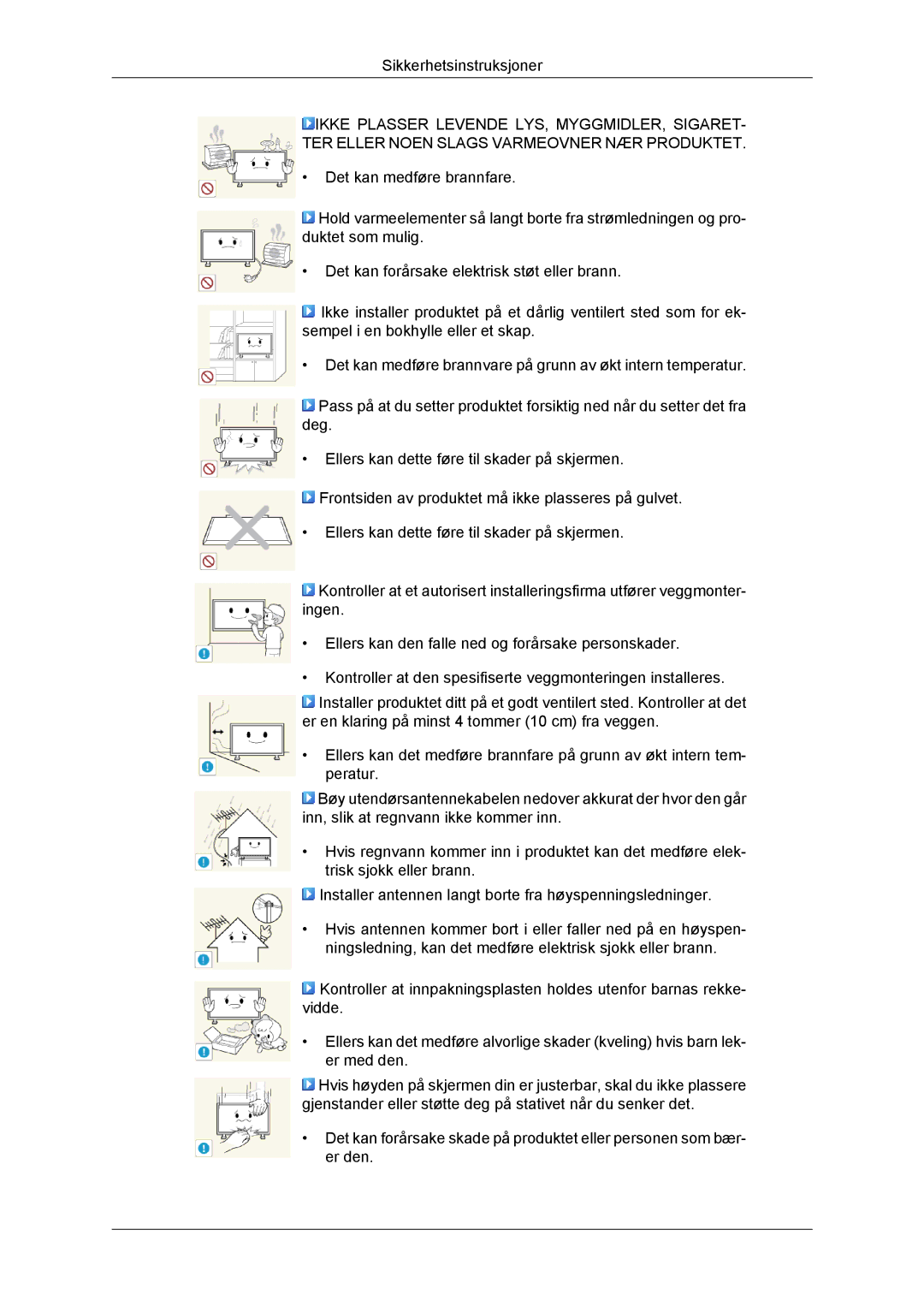 Samsung LH32CRSMBC/EN, LH32CRTMBC/EN, LH32CRSMBD/EN manual Sikkerhetsinstruksjoner 