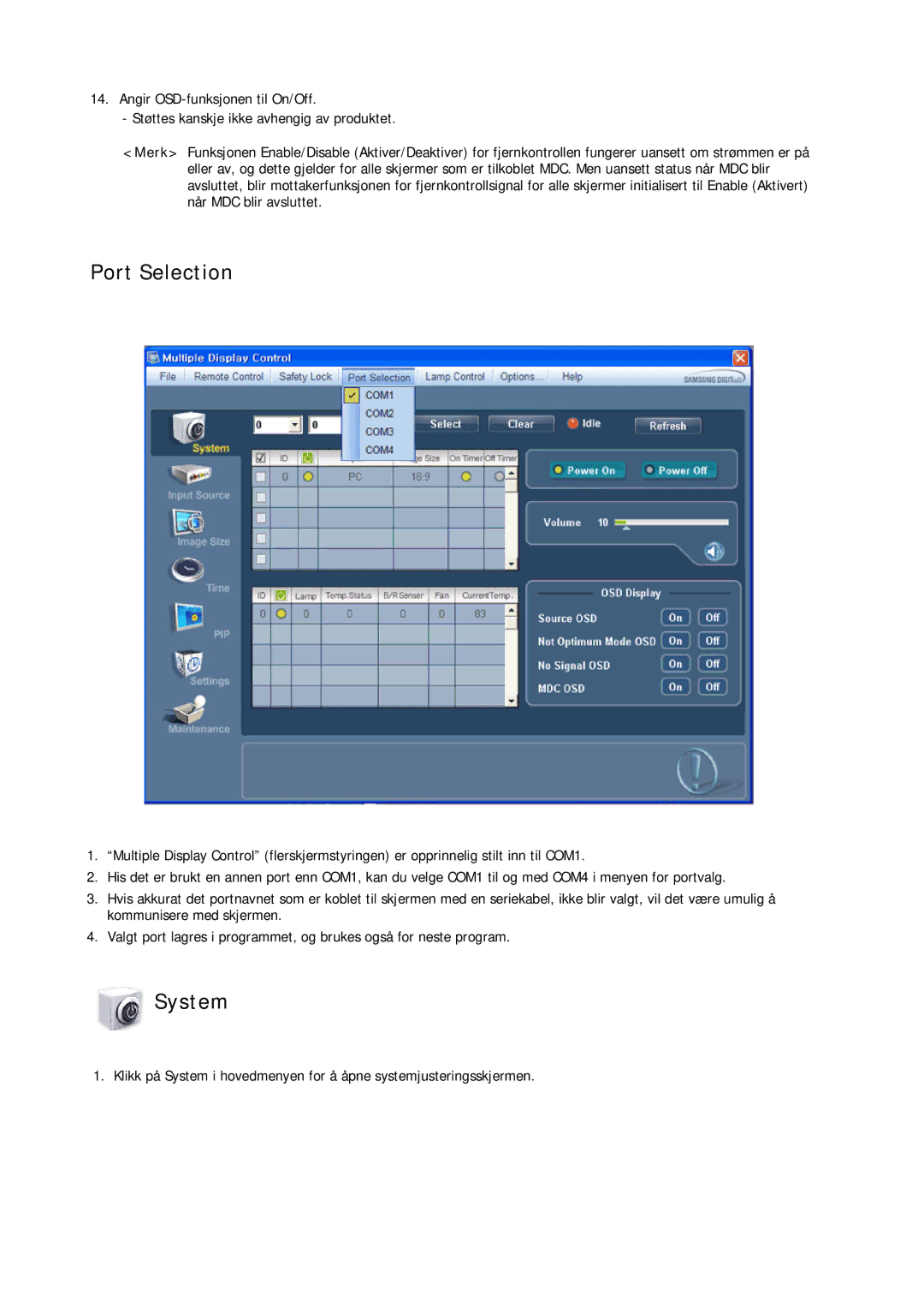 Samsung LH32CRSMBD/EN, LH32CRTMBC/EN, LH32CRSMBC/EN manual Port Selection, System 