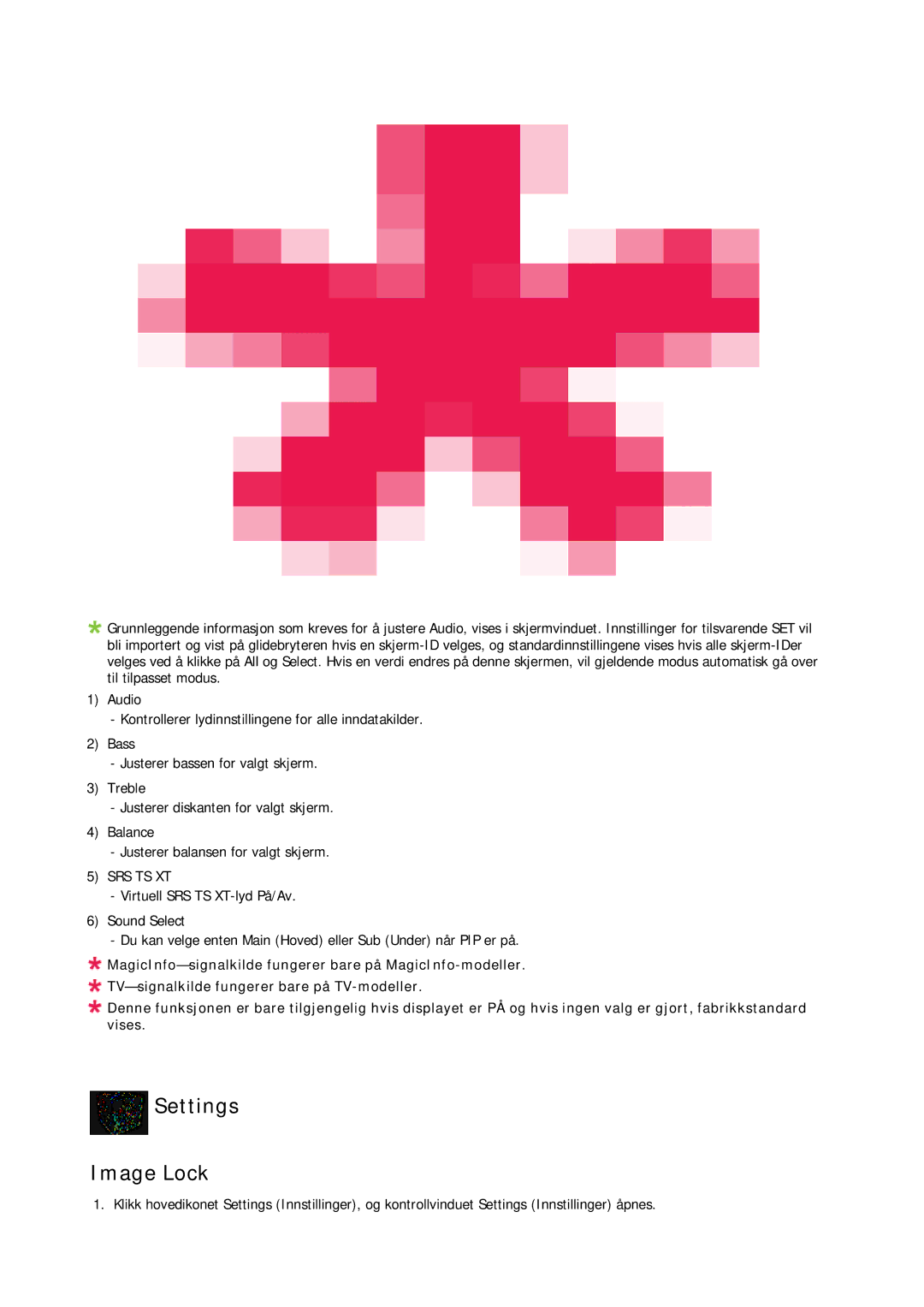Samsung LH32CRTMBC/EN, LH32CRSMBC/EN, LH32CRSMBD/EN manual Settings Image Lock, Srs Ts Xt 