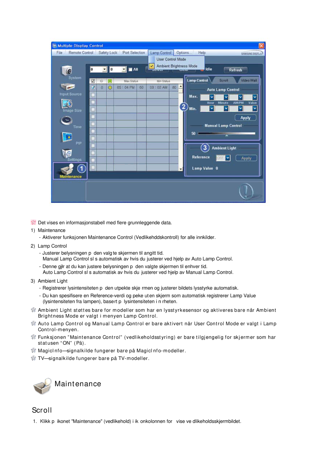 Samsung LH32CRSMBD/EN, LH32CRTMBC/EN, LH32CRSMBC/EN manual Maintenance Scroll 