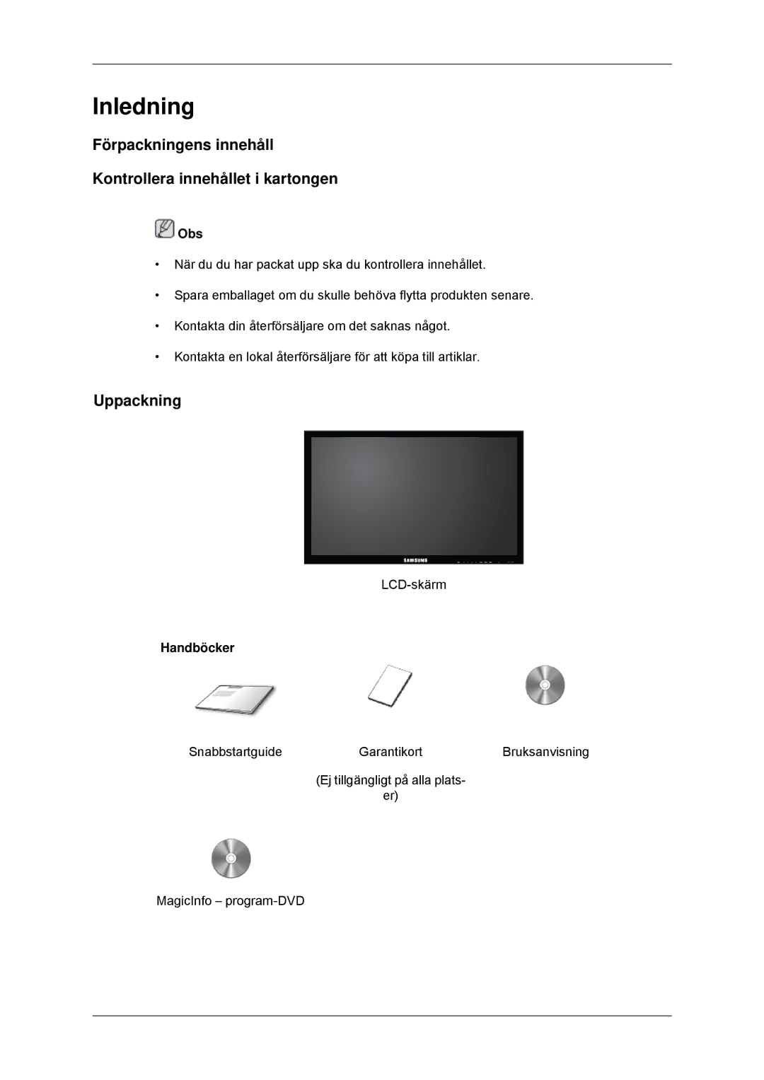 Samsung LH32CRSMBC/EN, LH32CRTMBC/EN Förpackningens innehåll Kontrollera innehållet i kartongen, Uppackning, Handböcker 