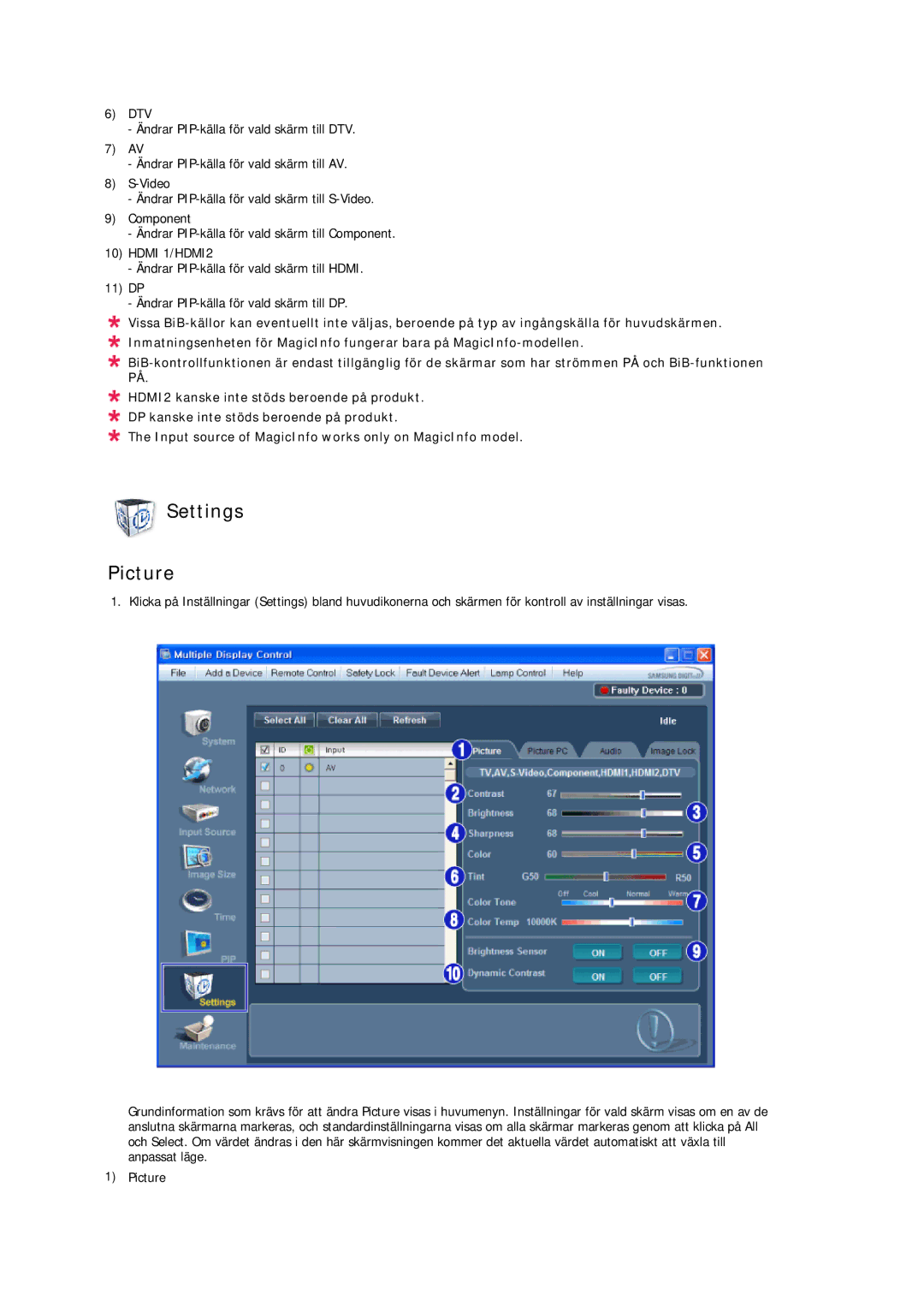 Samsung LH32CRSMBC/EN, LH32CRTMBC/EN, LH32CRSMBD/EN manual Settings Picture 