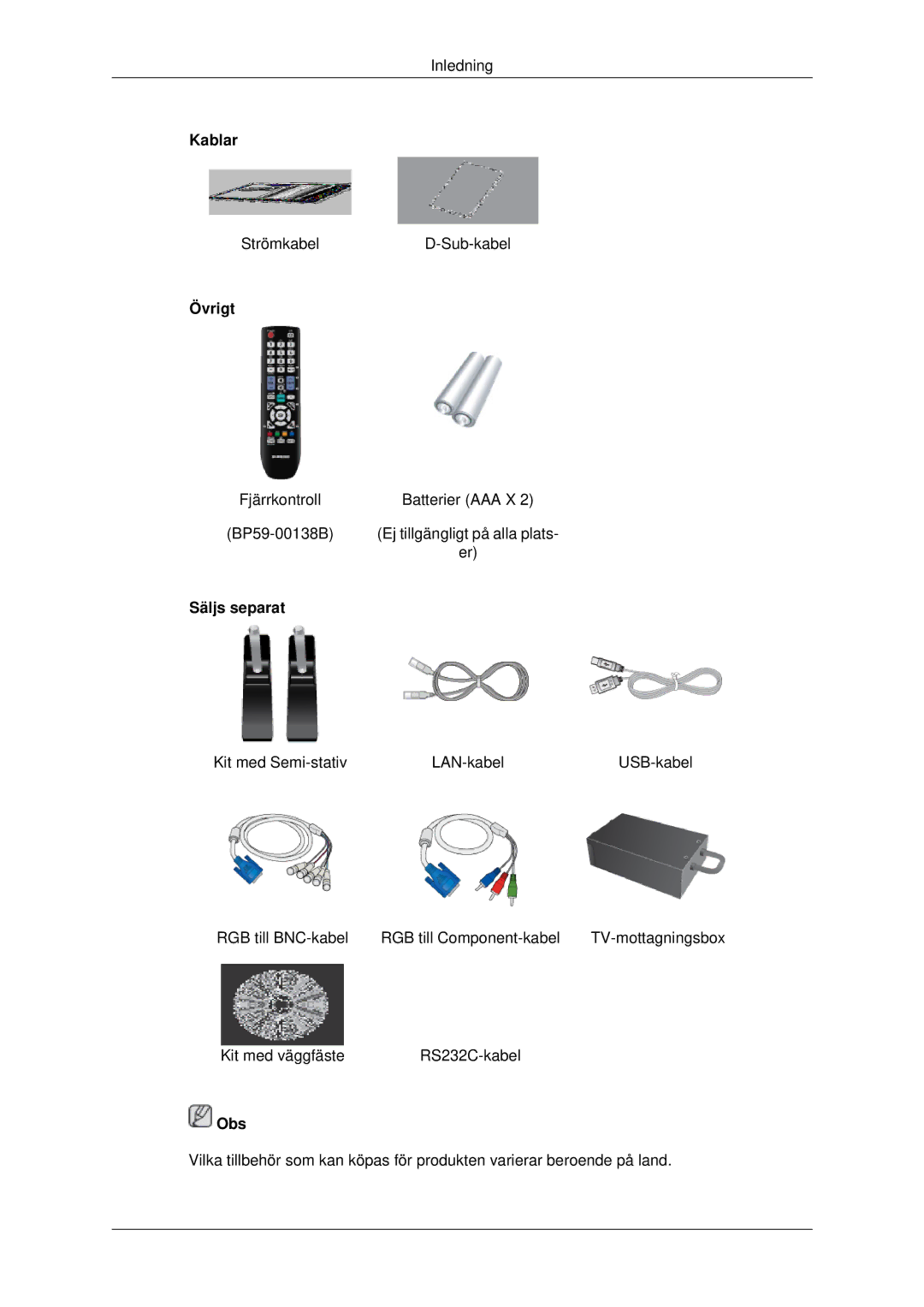 Samsung LH32CRSMBD/EN, LH32CRTMBC/EN, LH32CRSMBC/EN manual Kablar, Övrigt, Säljs separat 