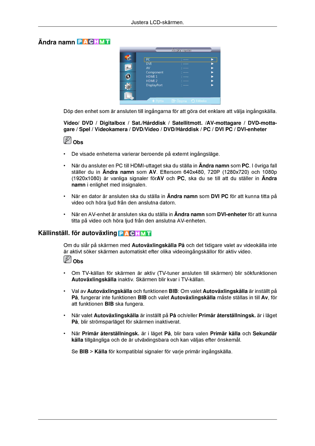 Samsung LH32CRSMBD/EN, LH32CRTMBC/EN, LH32CRSMBC/EN manual Ändra namn, Källinställ. för autoväxling 