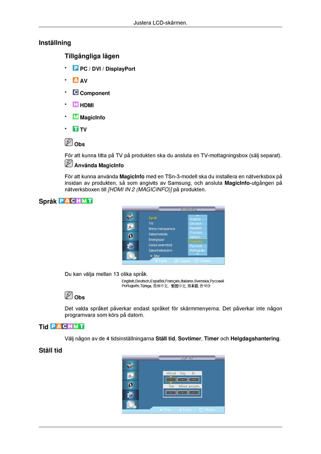 Samsung LH32CRSMBD/EN, LH32CRTMBC/EN, LH32CRSMBC/EN manual Inställning Tillgängliga lägen, Språk, Tid, Ställ tid 