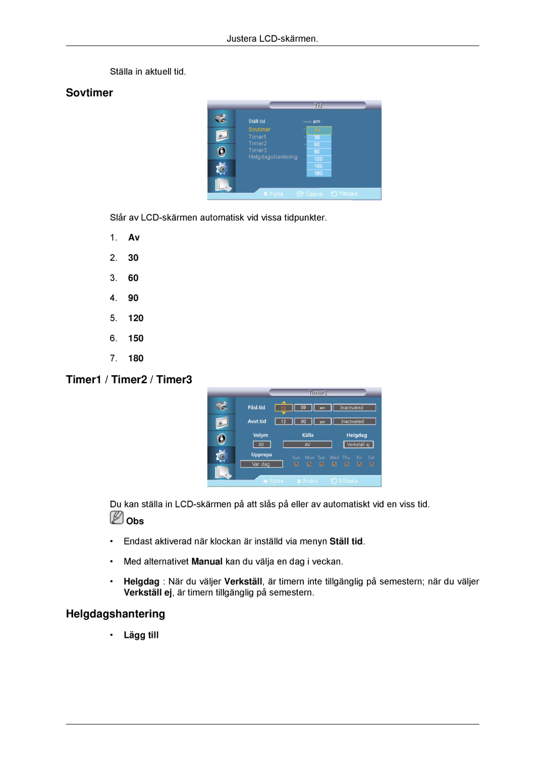 Samsung LH32CRTMBC/EN, LH32CRSMBC/EN, LH32CRSMBD/EN manual Sovtimer, Timer1 / Timer2 / Timer3, Helgdagshantering, Lägg till 