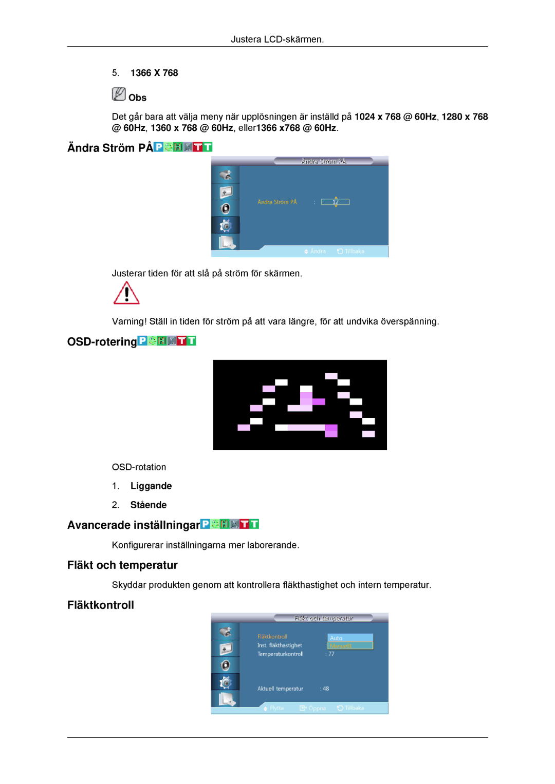 Samsung LH32CRTMBC/EN manual Ändra Ström PÅ, OSD-rotering, Avancerade inställningar, Fläkt och temperatur, Fläktkontroll 