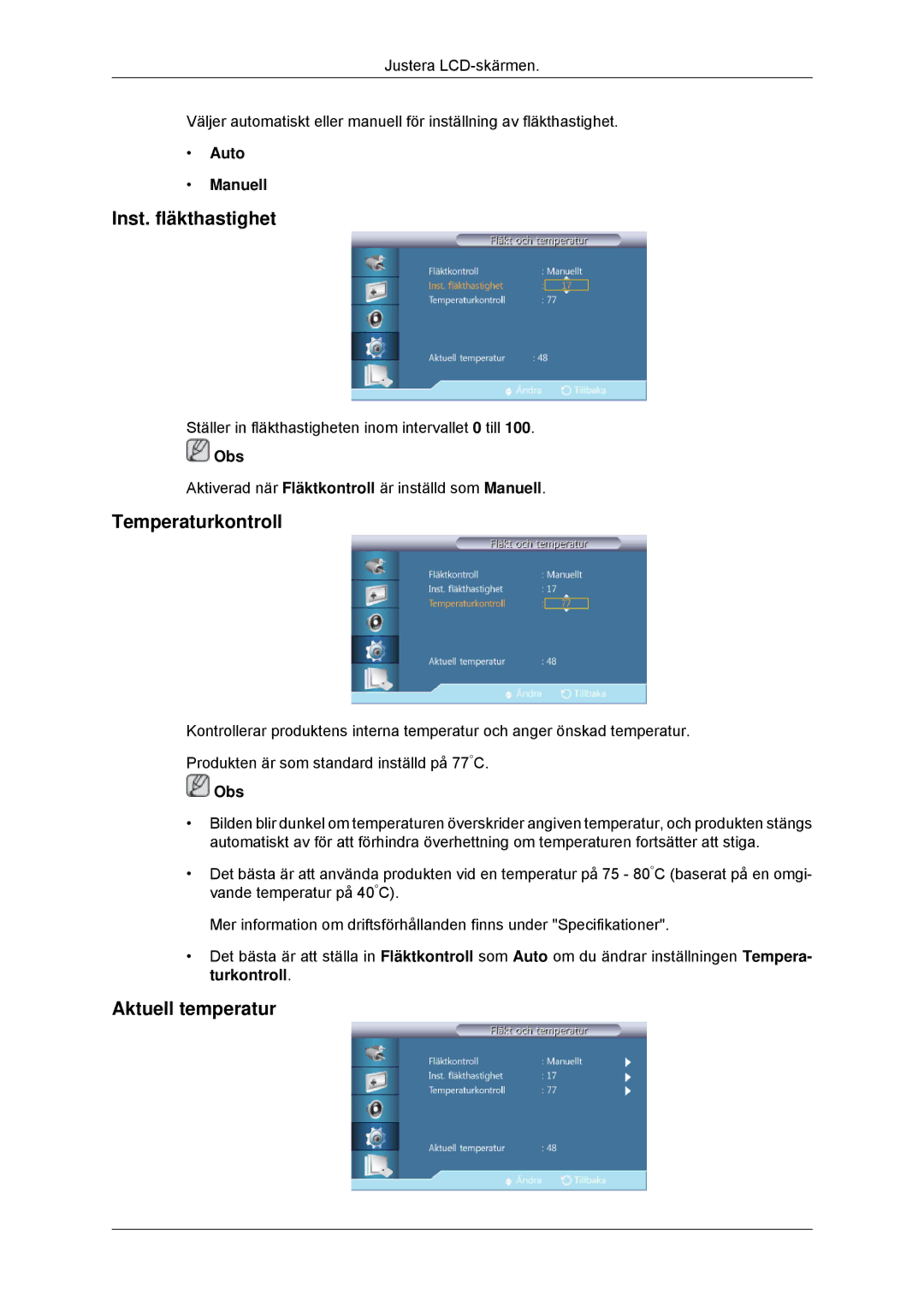 Samsung LH32CRSMBC/EN, LH32CRTMBC/EN manual Inst. fläkthastighet, Temperaturkontroll, Aktuell temperatur, Auto Manuell 