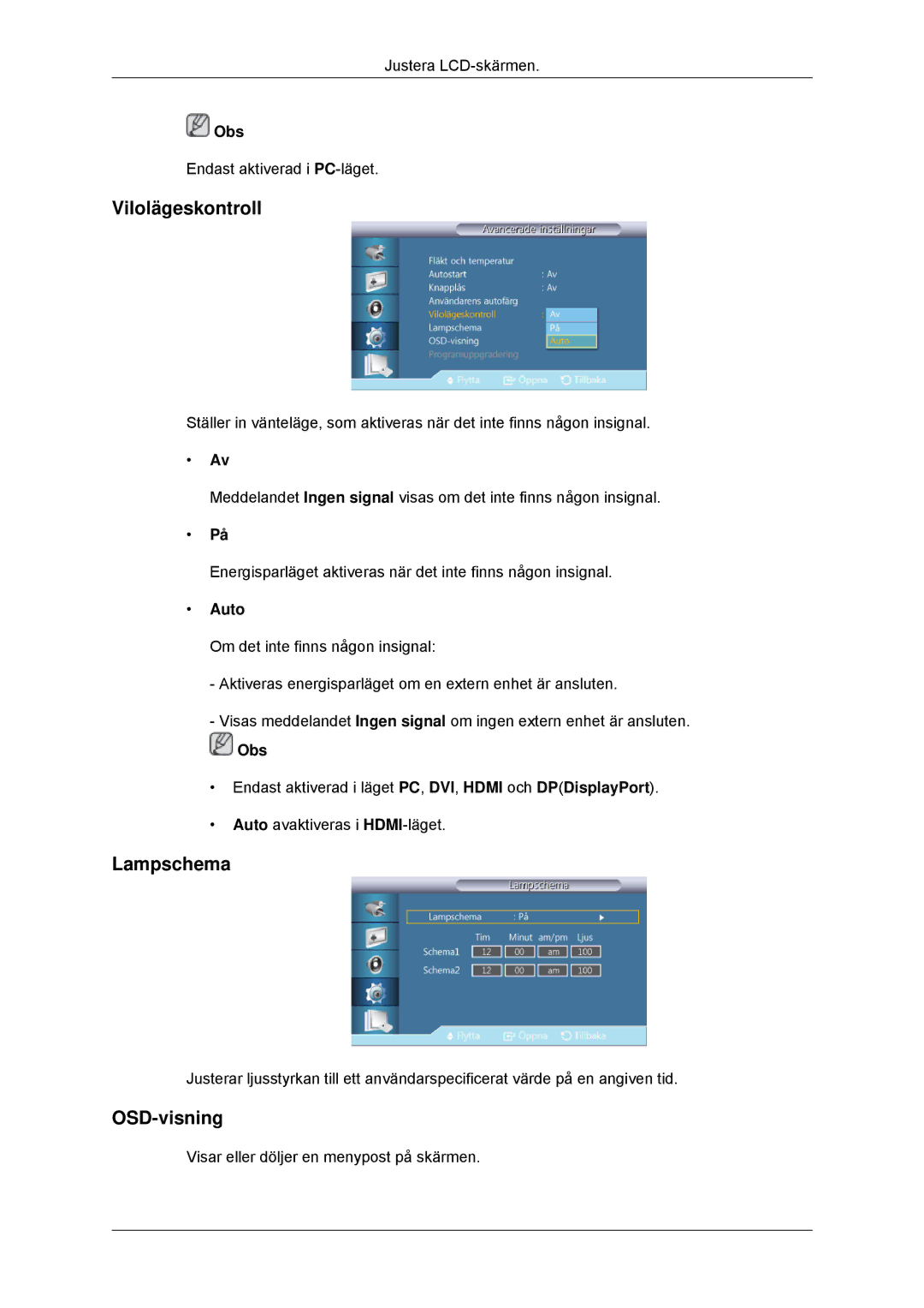 Samsung LH32CRTMBC/EN, LH32CRSMBC/EN, LH32CRSMBD/EN manual Vilolägeskontroll, Lampschema, OSD-visning, Auto 