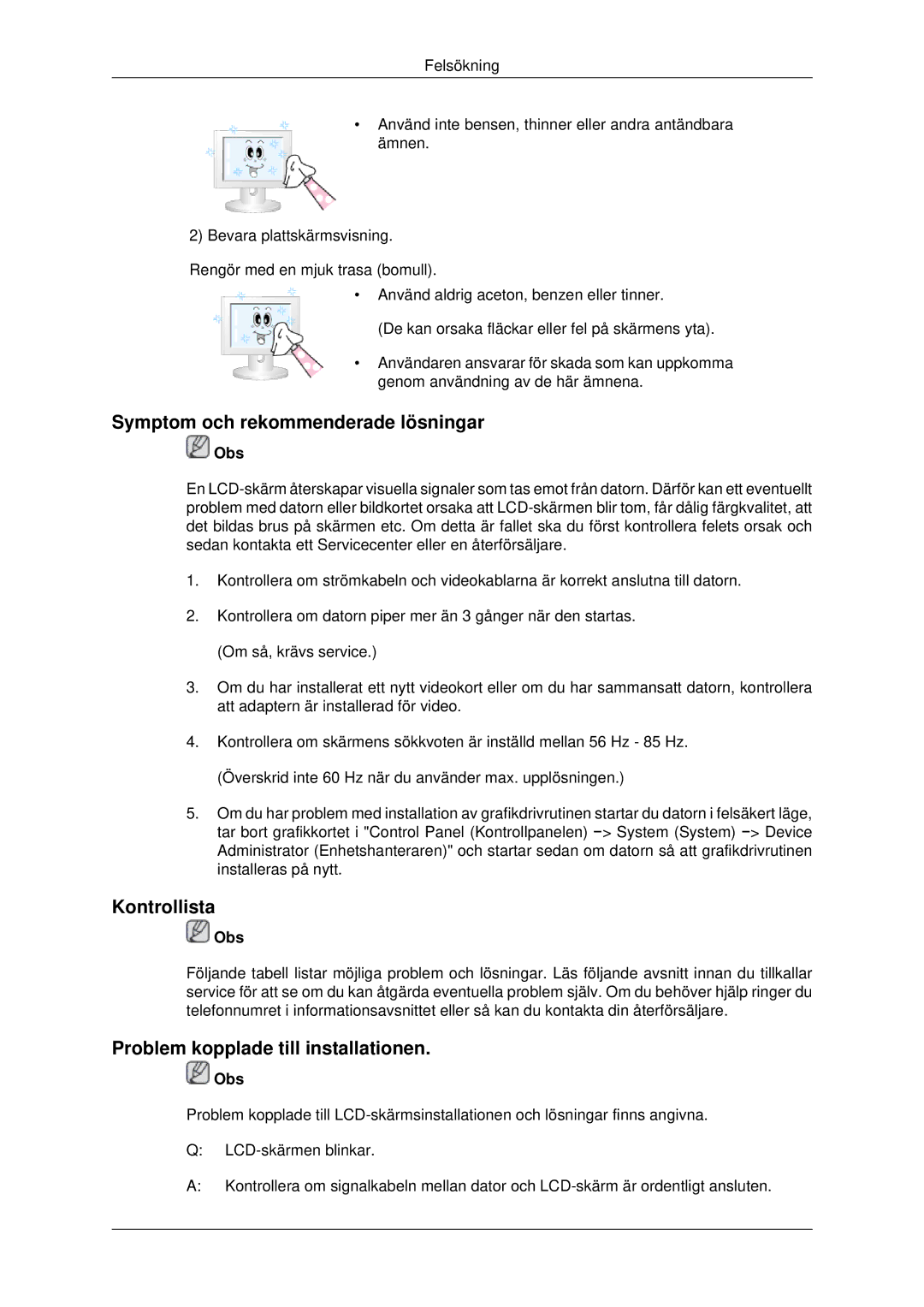 Samsung LH32CRTMBC/EN manual Symptom och rekommenderade lösningar, Kontrollista, Problem kopplade till installationen 