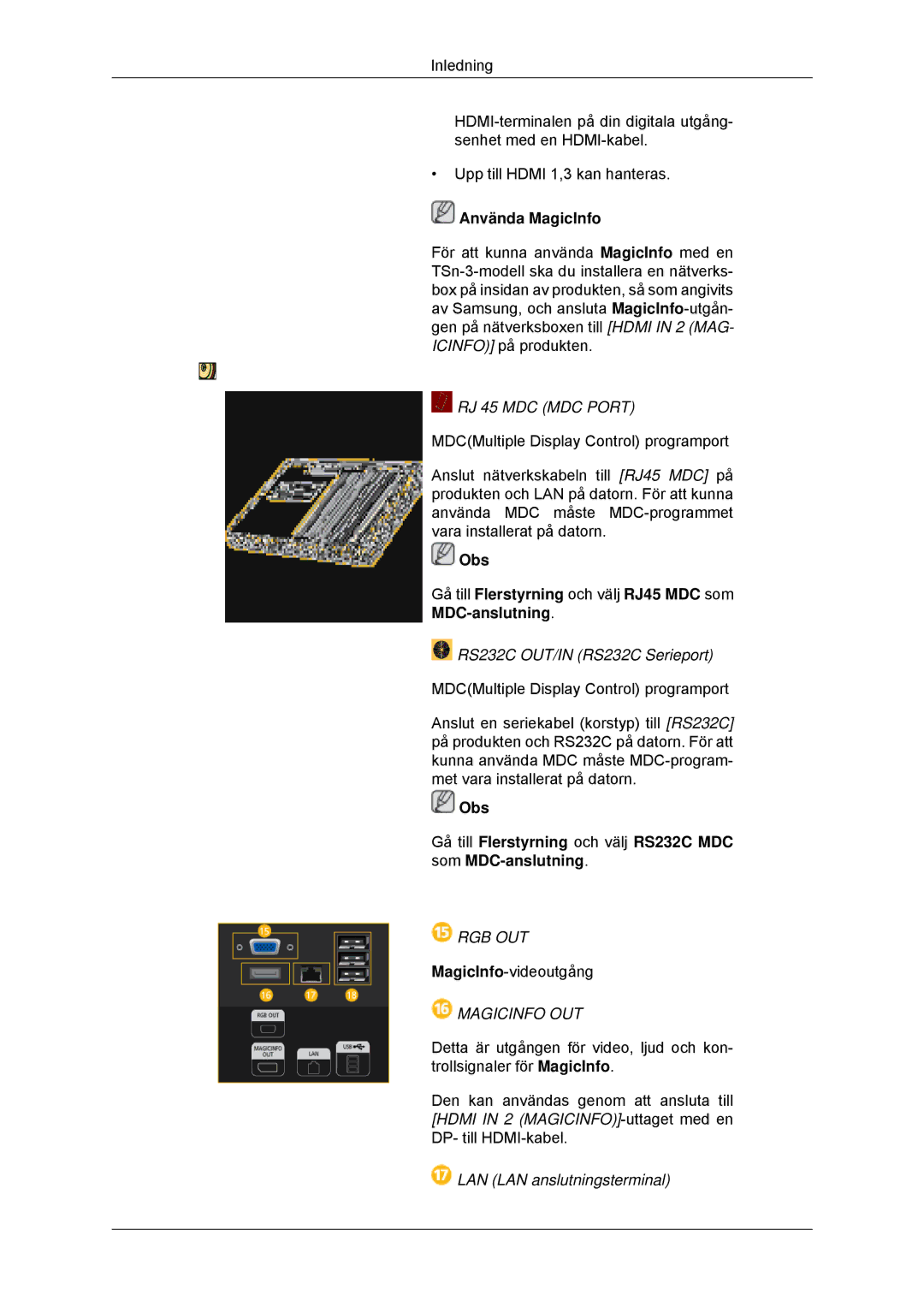 Samsung LH32CRSMBC/EN, LH32CRTMBC/EN, LH32CRSMBD/EN manual RS232C OUT/IN RS232C Serieport, LAN LAN anslutningsterminal 