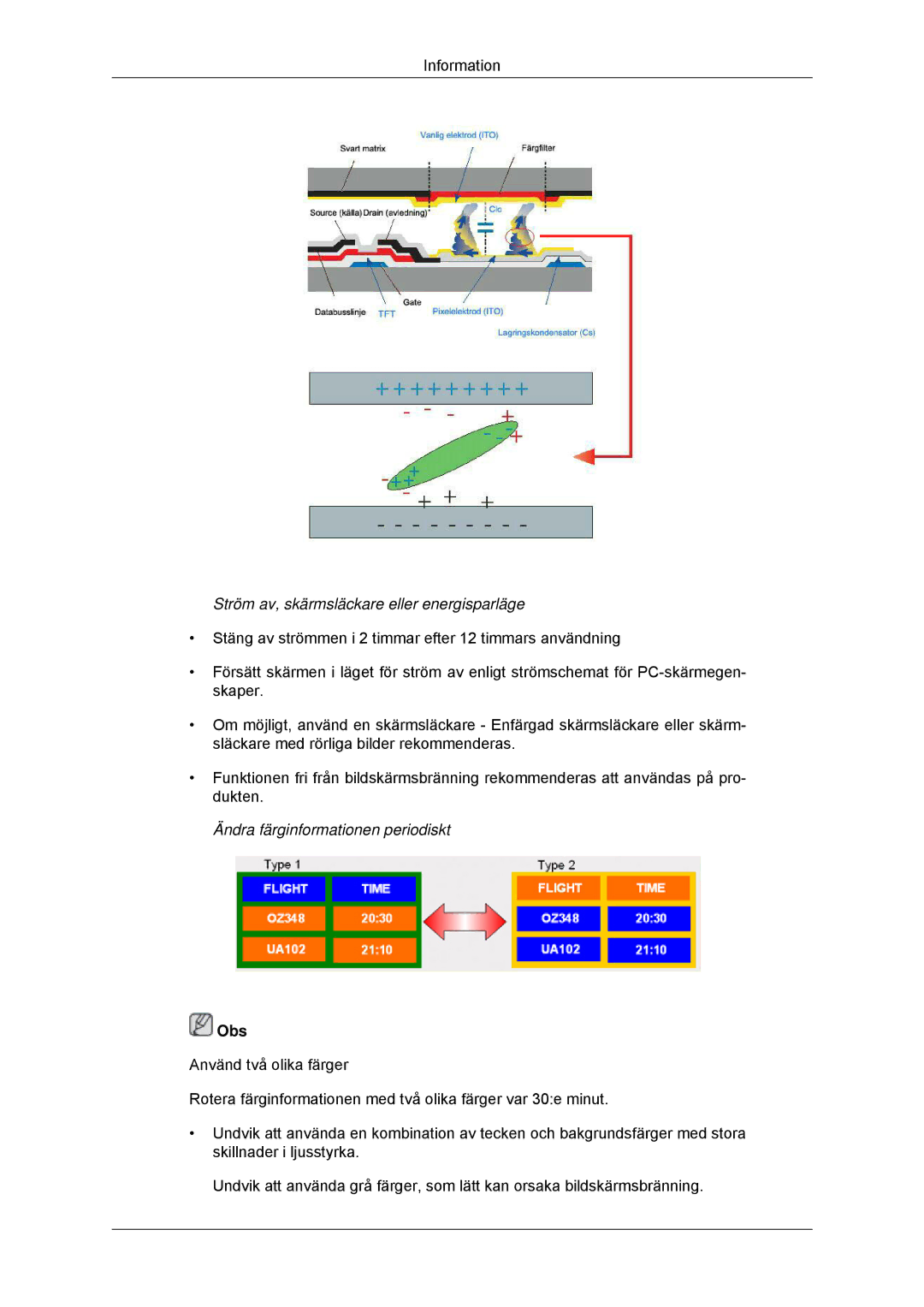 Samsung LH32CRTMBC/EN, LH32CRSMBC/EN manual Ström av, skärmsläckare eller energisparläge, Ändra färginformationen periodiskt 