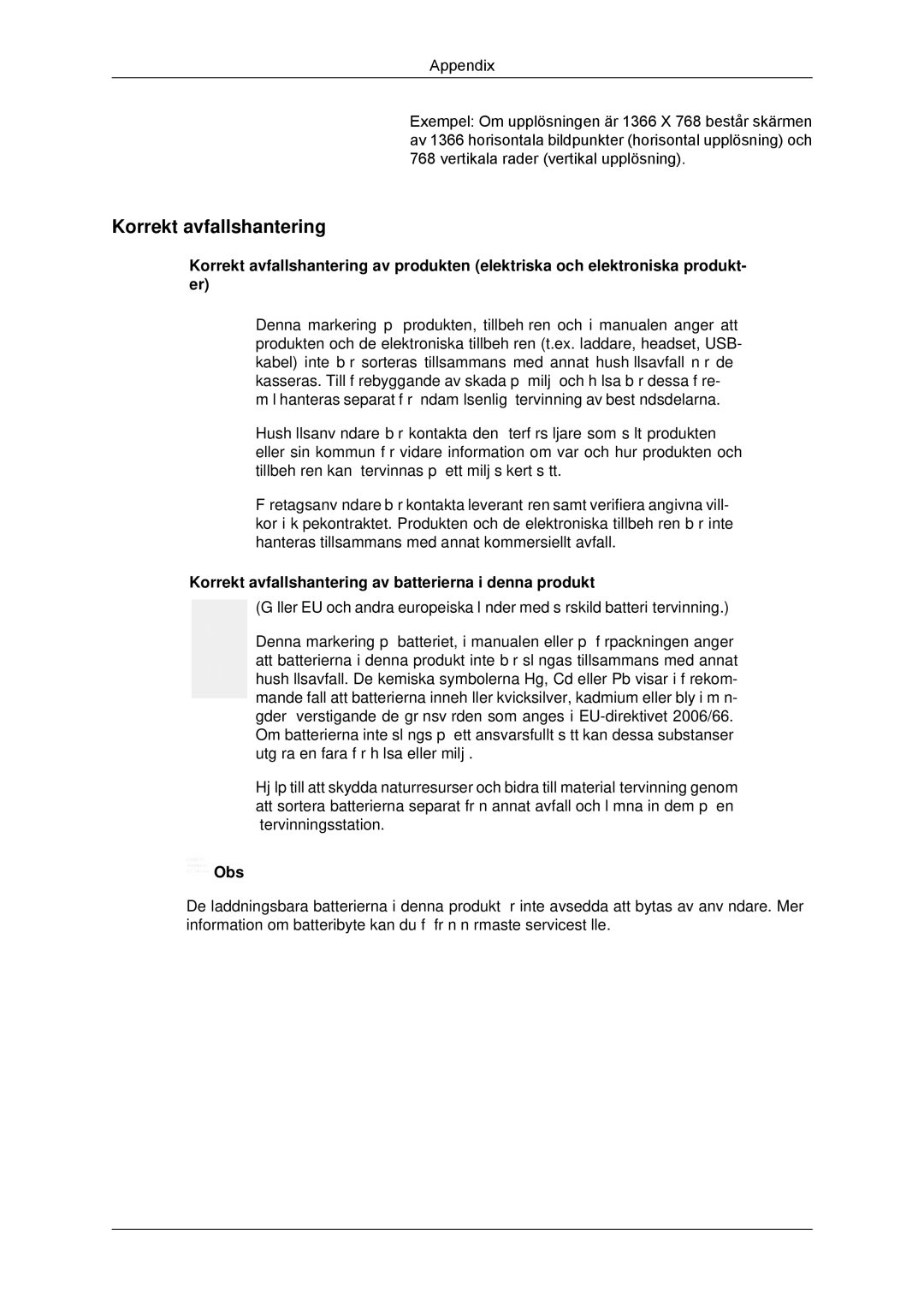 Samsung LH32CRSMBC/EN, LH32CRTMBC/EN, LH32CRSMBD/EN manual Korrekt avfallshantering av batterierna i denna produkt 