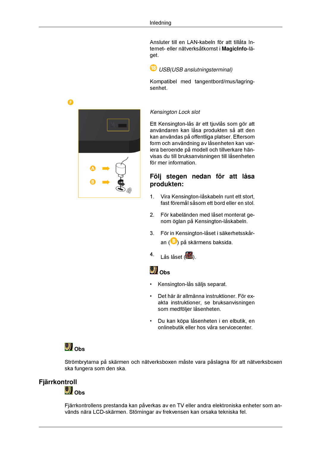 Samsung LH32CRSMBD/EN, LH32CRTMBC/EN Följ stegen nedan för att låsa produkten, Fjärrkontroll, Usbusb anslutningsterminal 