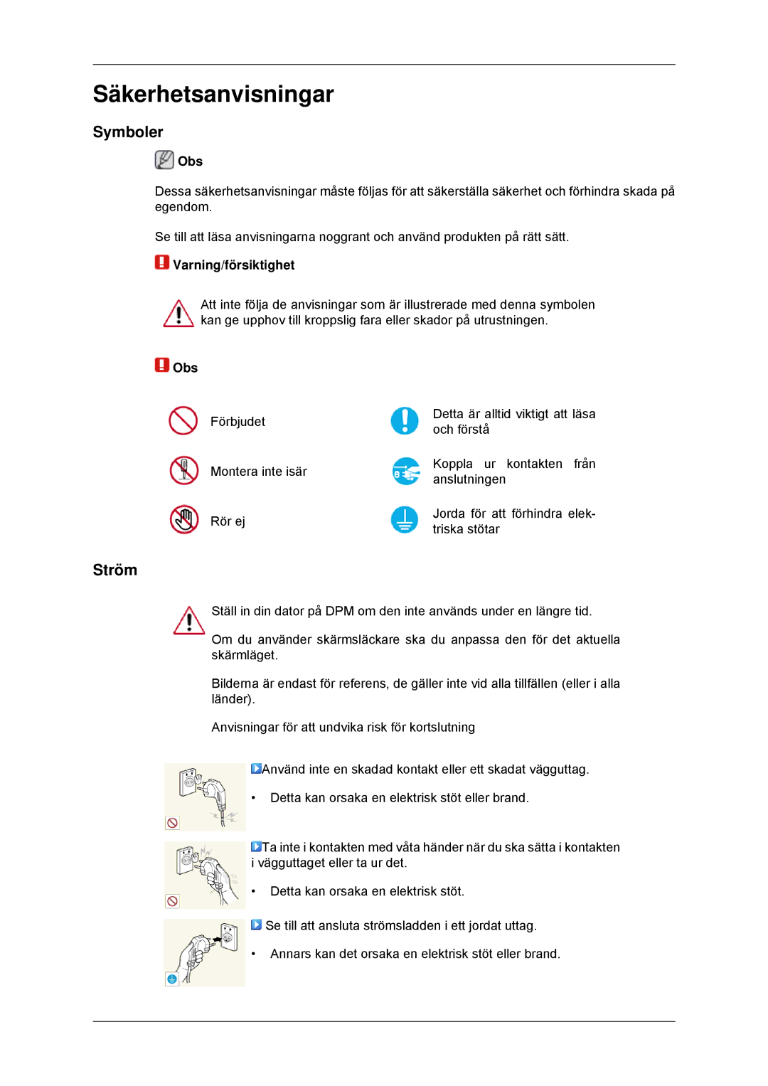 Samsung LH32CRSMBD/EN, LH32CRTMBC/EN, LH32CRSMBC/EN manual Symboler, Ström, Obs, Varning/försiktighet 