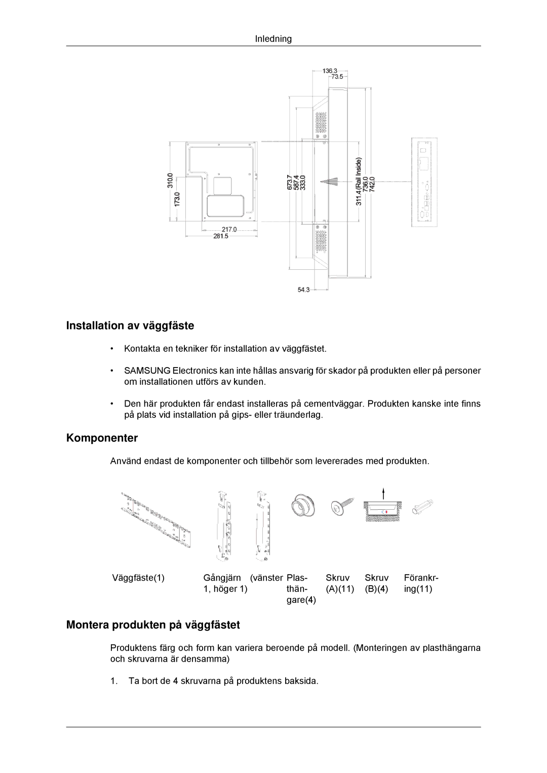 Samsung LH32CRTMBC/EN, LH32CRSMBC/EN, LH32CRSMBD/EN Installation av väggfäste, Komponenter, Montera produkten på väggfästet 