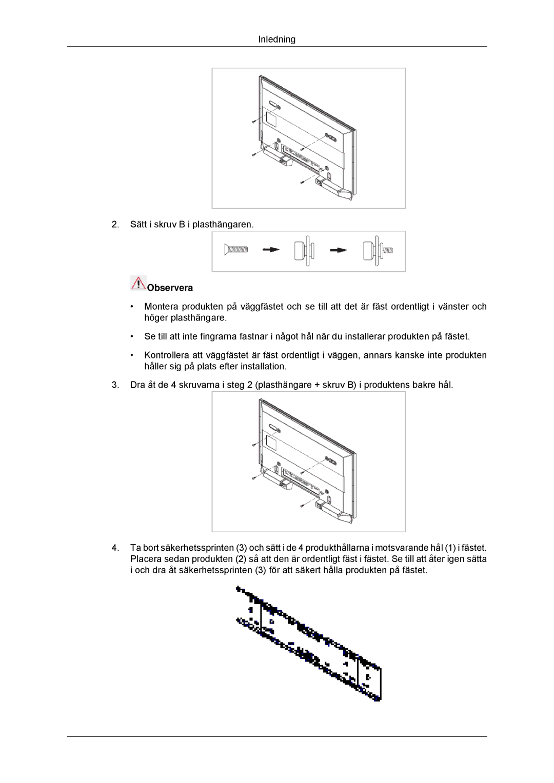 Samsung LH32CRSMBC/EN, LH32CRTMBC/EN, LH32CRSMBD/EN manual Inledning Sätt i skruv B i plasthängaren 