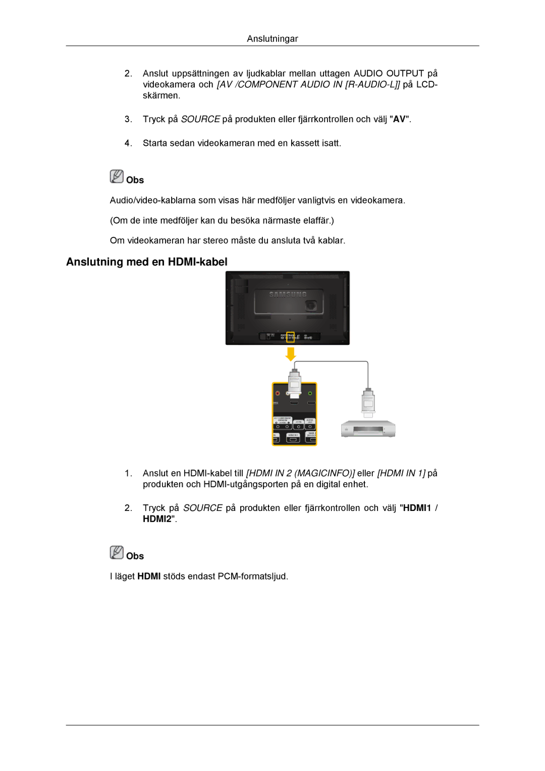 Samsung LH32CRSMBC/EN, LH32CRTMBC/EN, LH32CRSMBD/EN manual Anslutning med en HDMI-kabel 