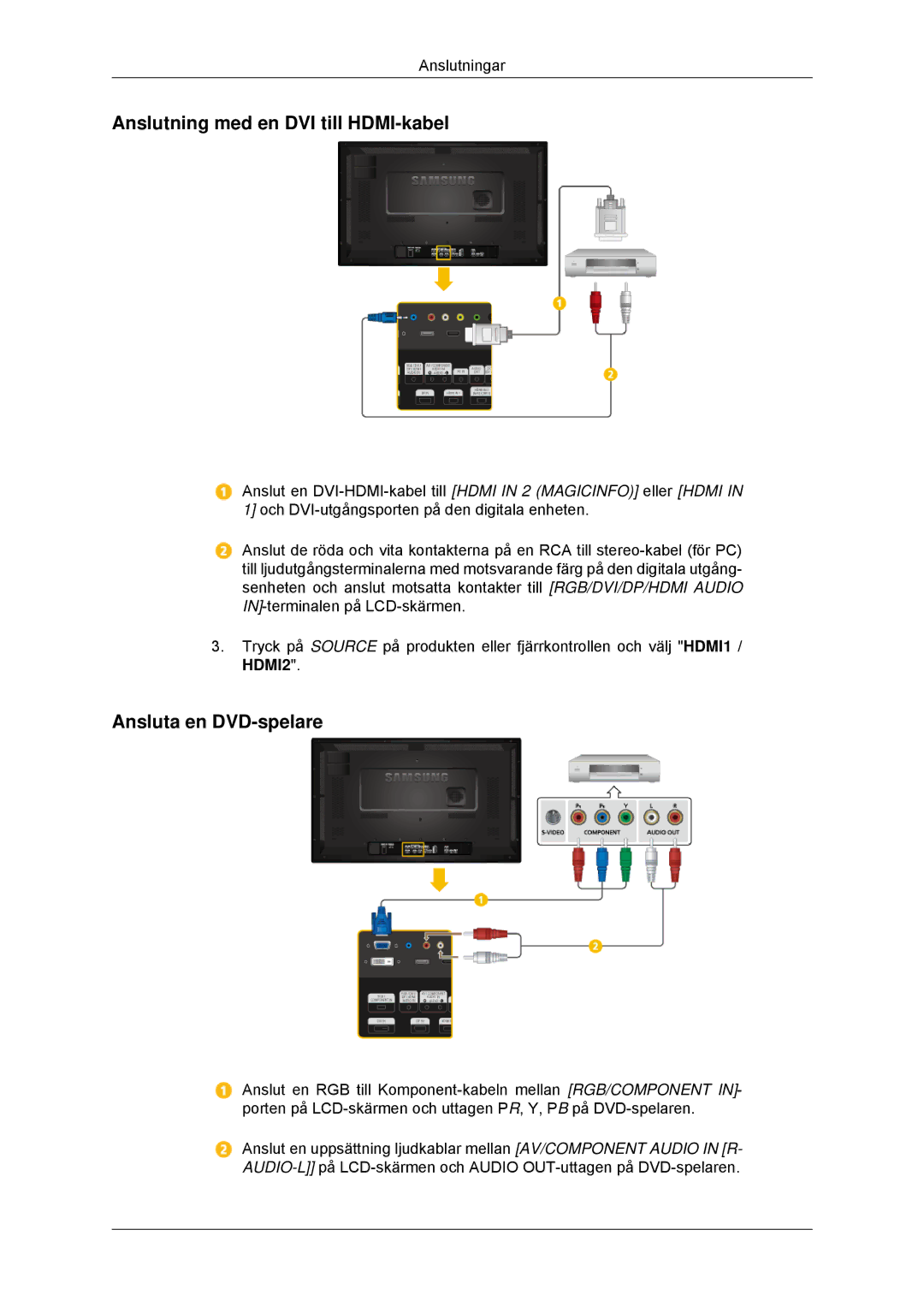 Samsung LH32CRSMBD/EN, LH32CRTMBC/EN, LH32CRSMBC/EN manual Anslutning med en DVI till HDMI-kabel, Ansluta en DVD-spelare 