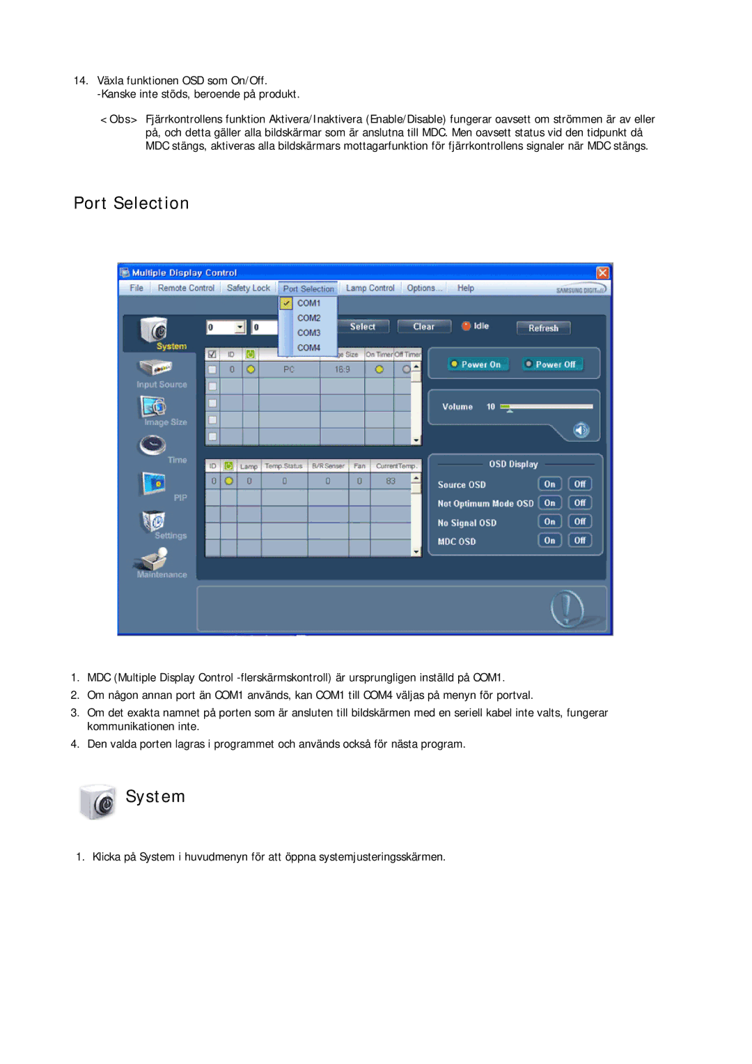 Samsung LH32CRSMBD/EN, LH32CRTMBC/EN, LH32CRSMBC/EN manual Port Selection, System 