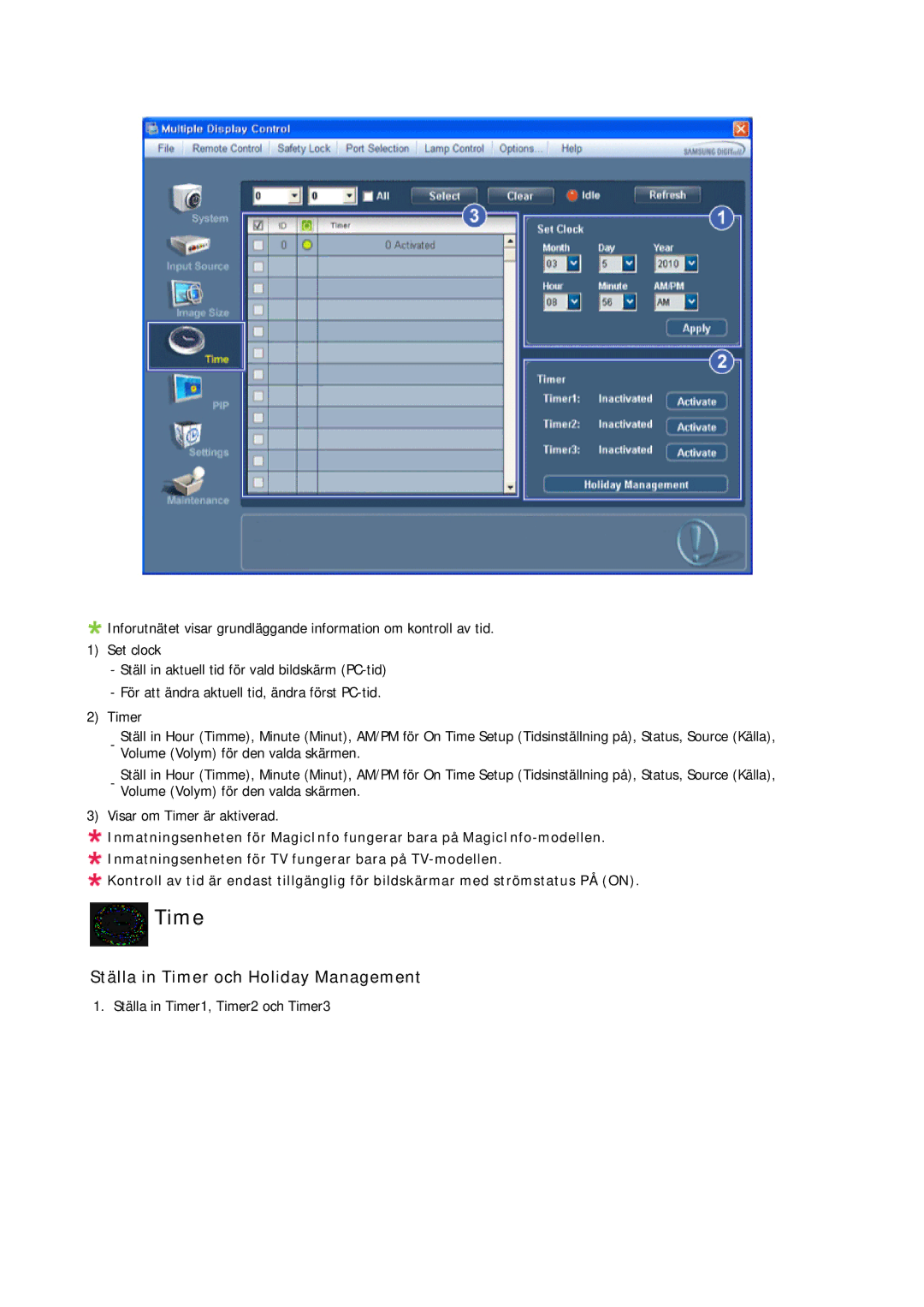 Samsung LH32CRSMBC/EN, LH32CRTMBC/EN, LH32CRSMBD/EN manual Ställa in Timer och Holiday Management 