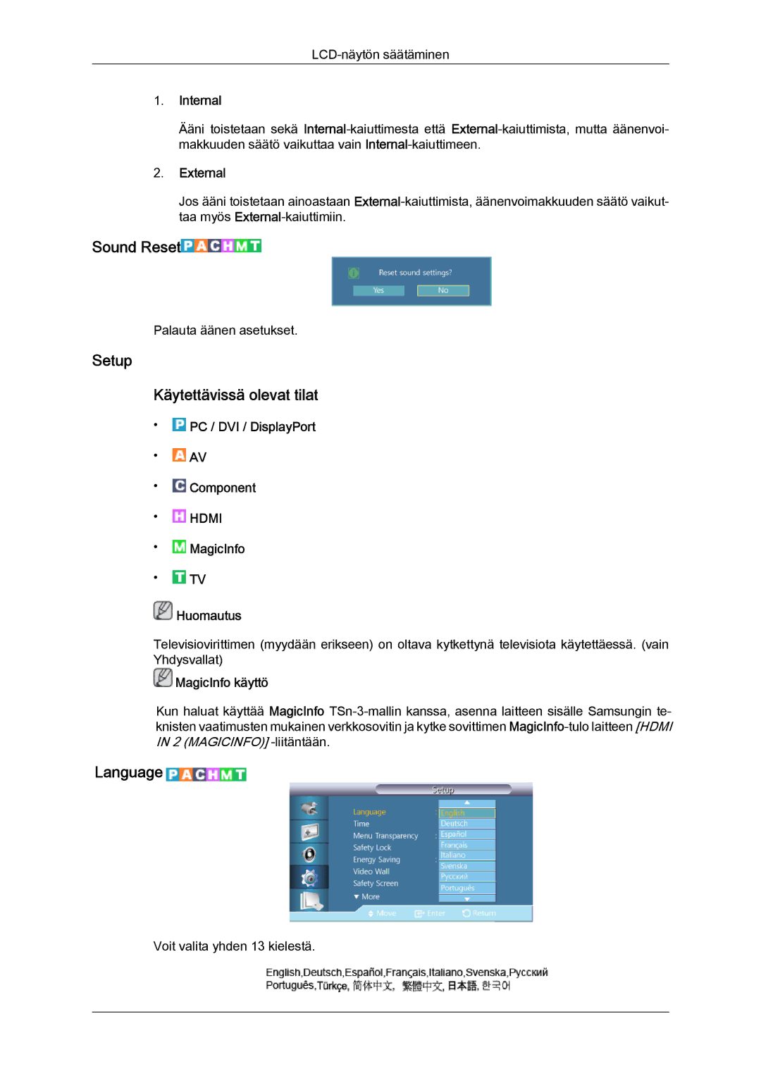 Samsung LH32CRTMBC/EN, LH32CRSMBC/EN manual Sound Reset, Setup Käytettävissä olevat tilat, Language, Internal, External 