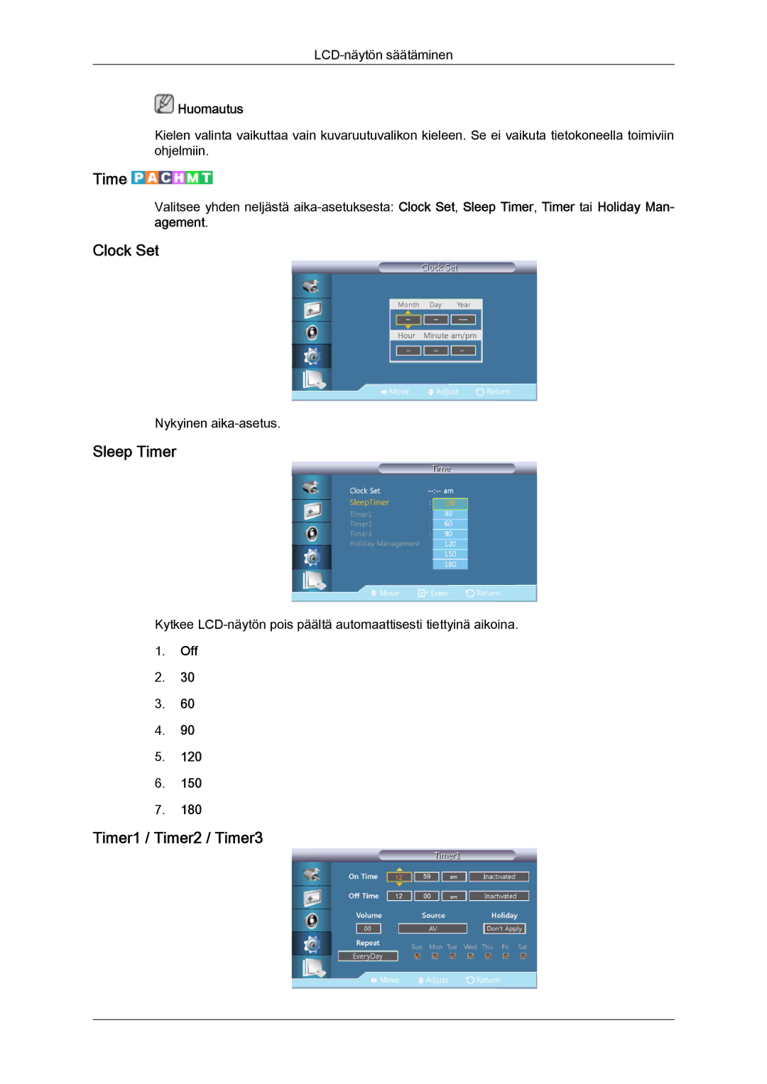 Samsung LH32CRSMBC/EN, LH32CRTMBC/EN, LH32CRSMBD/EN manual Clock Set, Sleep Timer, Timer1 / Timer2 / Timer3 