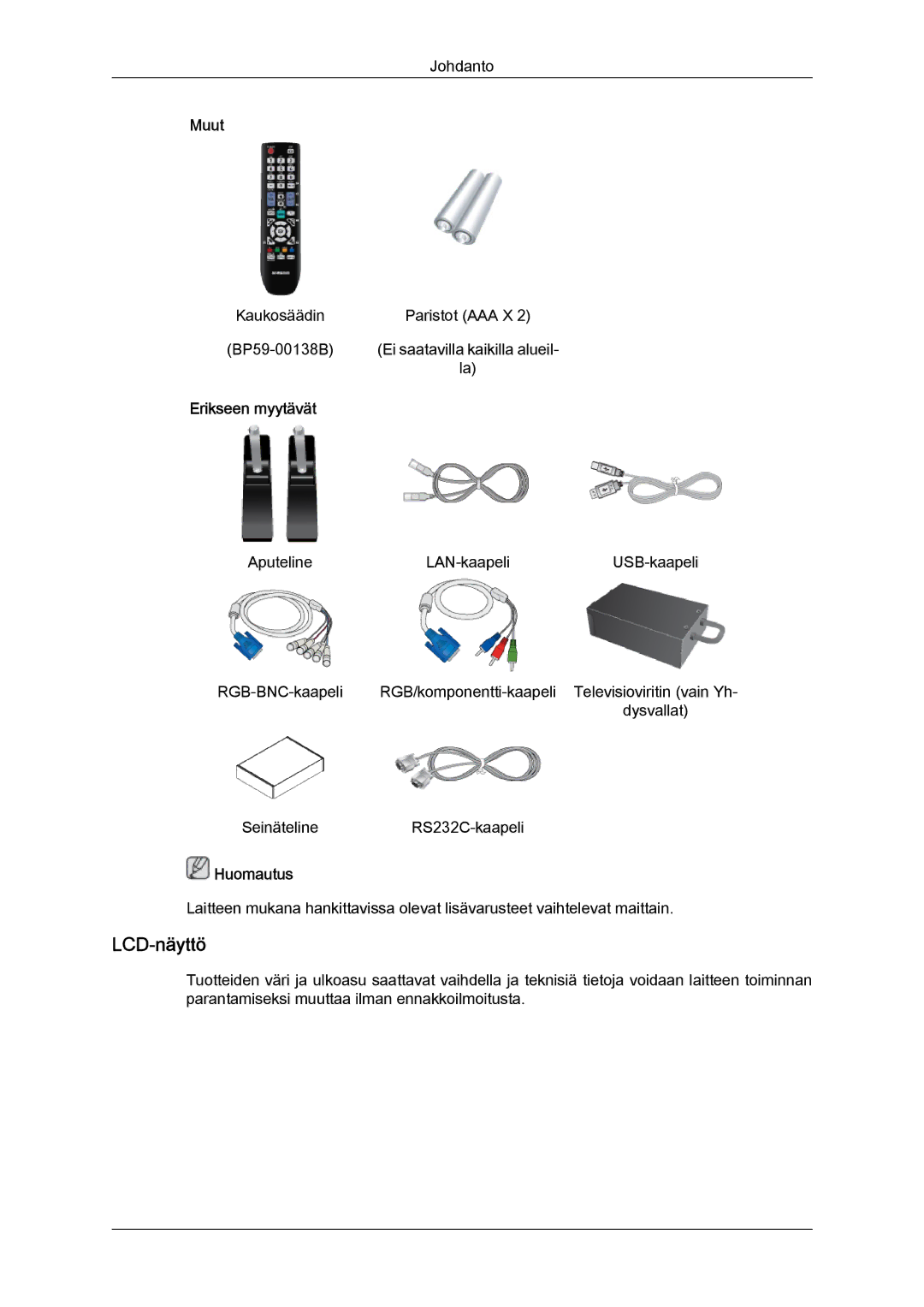 Samsung LH32CRSMBD/EN, LH32CRTMBC/EN, LH32CRSMBC/EN manual LCD-näyttö, Muut, Erikseen myytävät 