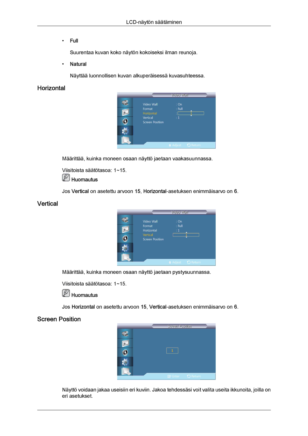 Samsung LH32CRSMBD/EN, LH32CRTMBC/EN, LH32CRSMBC/EN manual Horizontal, Vertical, Screen Position, Full 