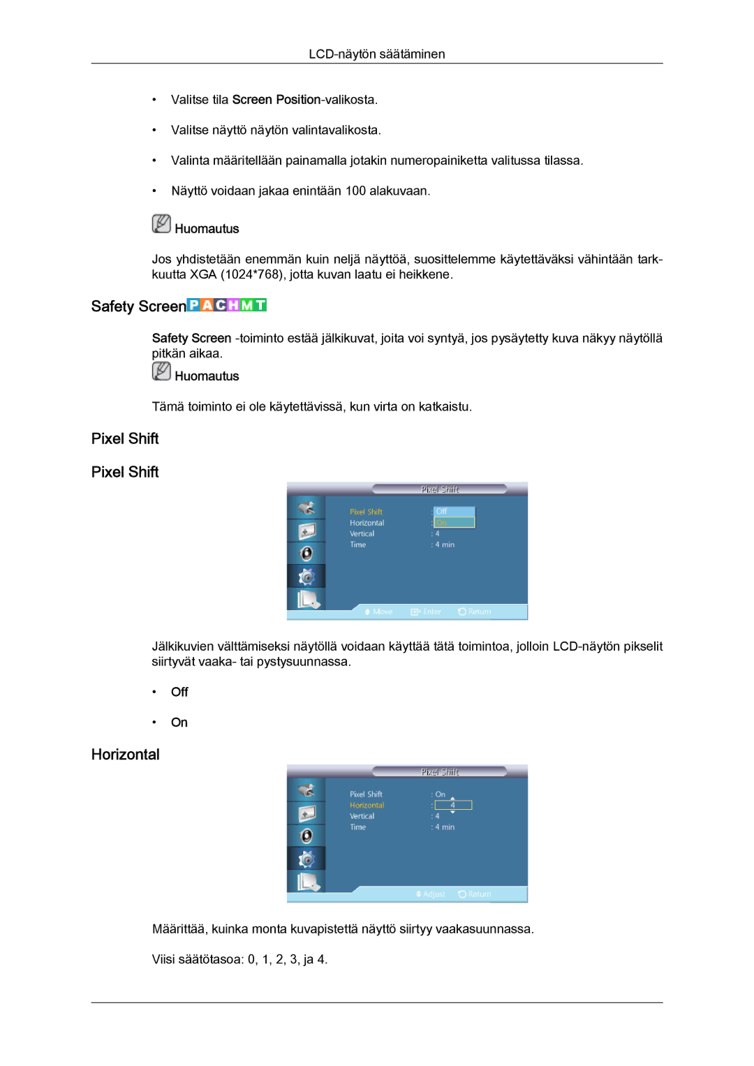 Samsung LH32CRTMBC/EN, LH32CRSMBC/EN, LH32CRSMBD/EN manual Safety Screen, Pixel Shift 