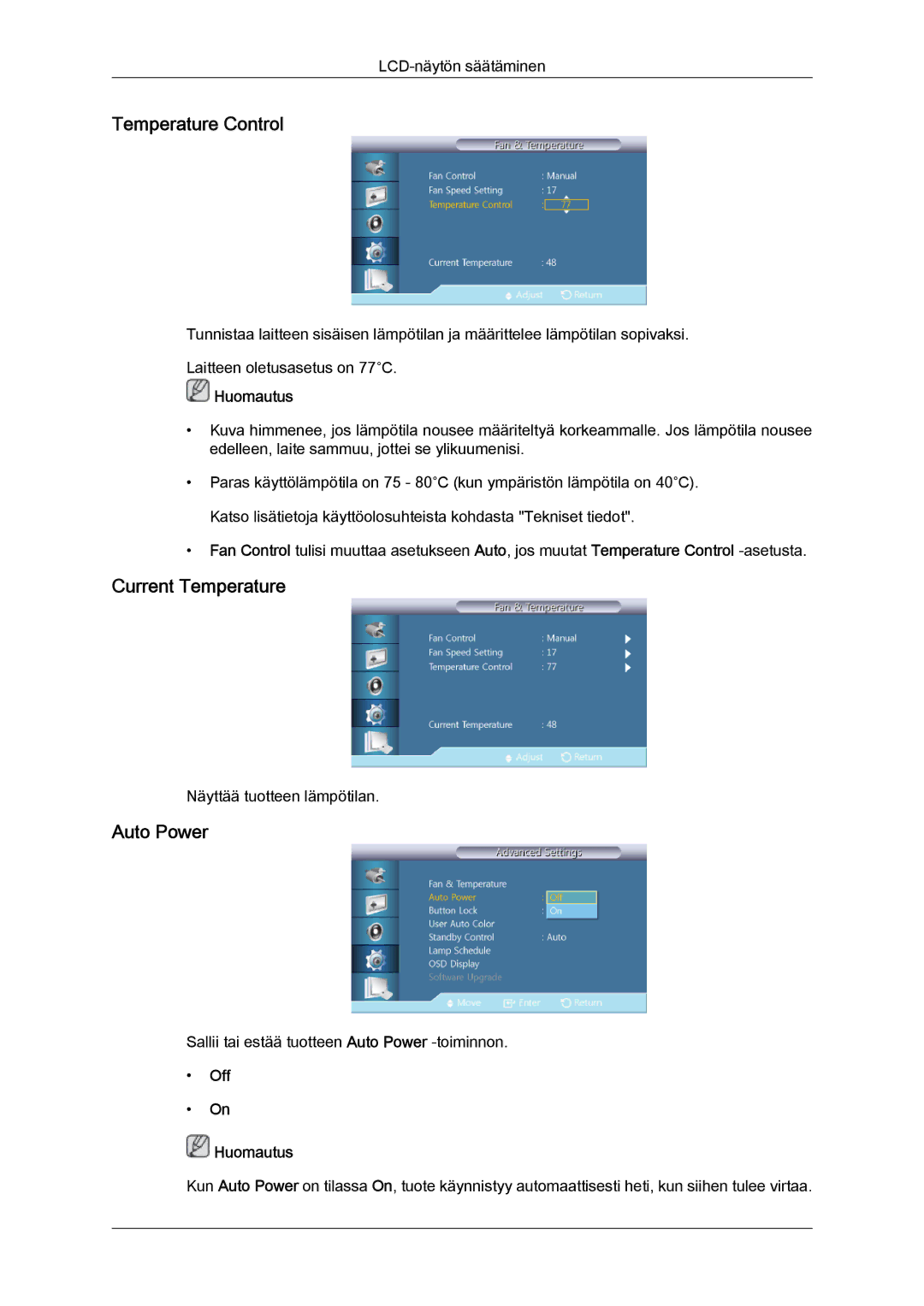 Samsung LH32CRTMBC/EN, LH32CRSMBC/EN, LH32CRSMBD/EN manual Temperature Control, Current Temperature, Auto Power 
