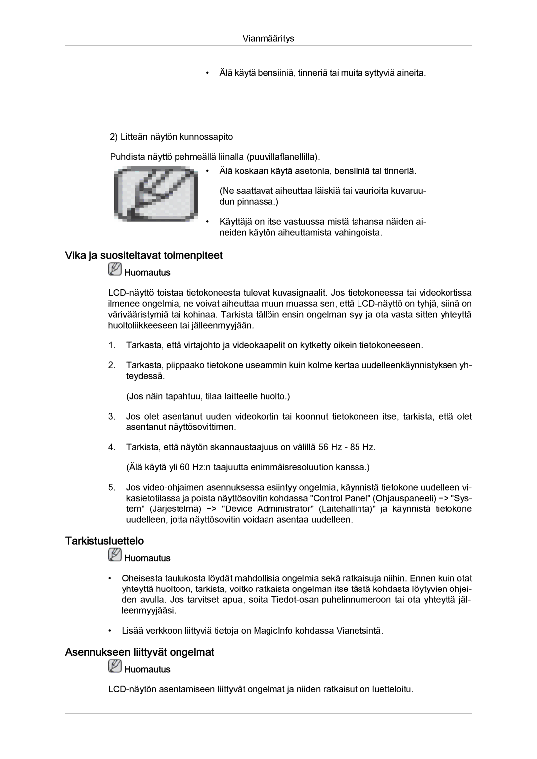 Samsung LH32CRSMBD/EN, LH32CRTMBC/EN Vika ja suositeltavat toimenpiteet, Tarkistusluettelo, Asennukseen liittyvät ongelmat 