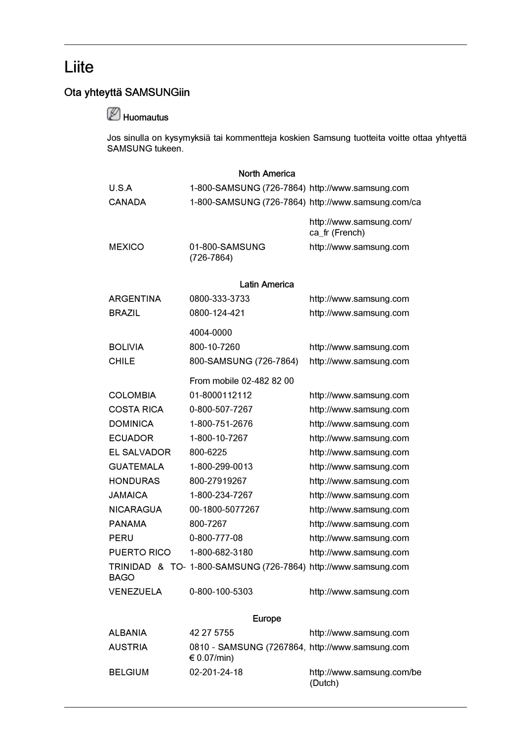 Samsung LH32CRTMBC/EN, LH32CRSMBC/EN, LH32CRSMBD/EN manual Ota yhteyttä SAMSUNGiin, North America, Latin America, Europe 