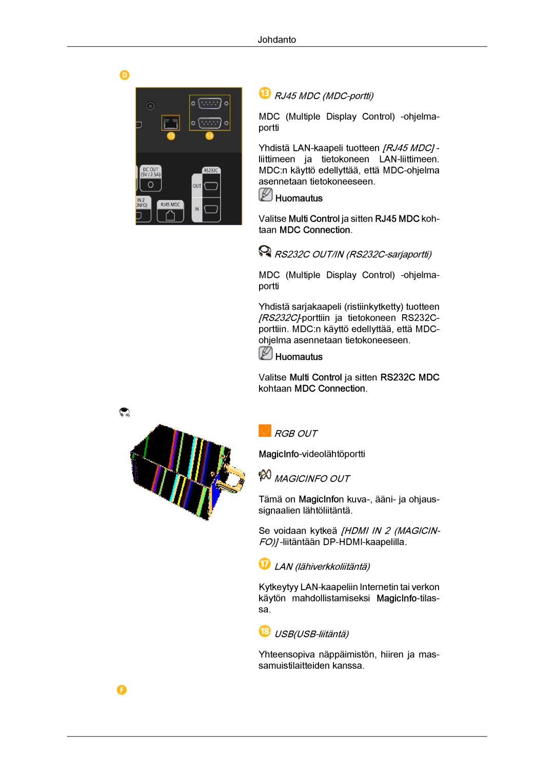 Samsung LH32CRSMBC/EN, LH32CRTMBC/EN, LH32CRSMBD/EN RJ45 MDC MDC-portti, RS232C OUT/IN RS232C-sarjaportti, USBUSB-liitäntä 