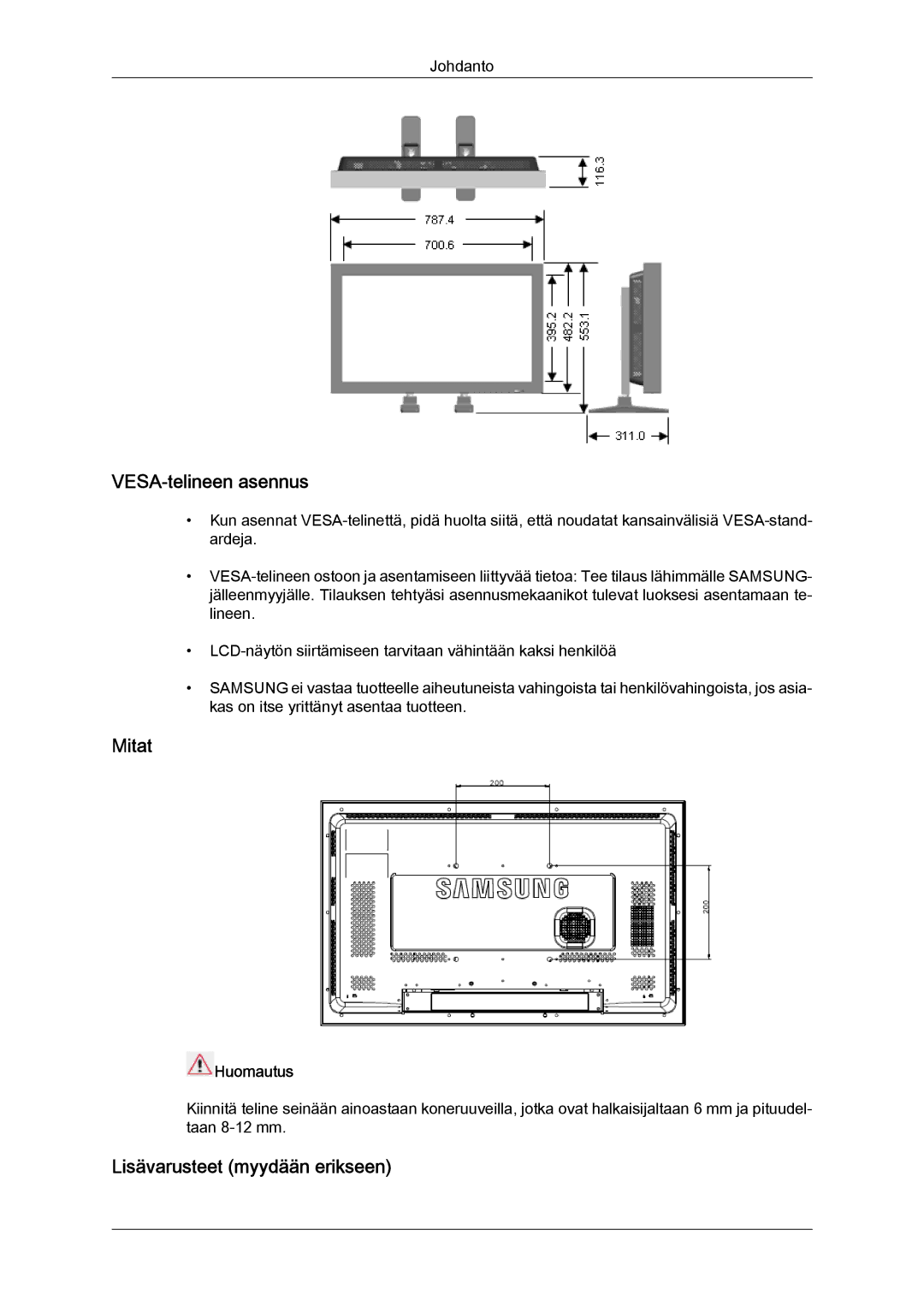 Samsung LH32CRSMBD/EN, LH32CRTMBC/EN, LH32CRSMBC/EN manual VESA-telineen asennus, Mitat, Lisävarusteet myydään erikseen 