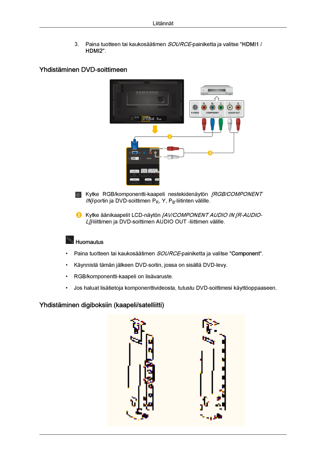 Samsung LH32CRSMBD/EN, LH32CRTMBC/EN manual Yhdistäminen DVD-soittimeen, Yhdistäminen digiboksiin kaapeli/satelliitti 