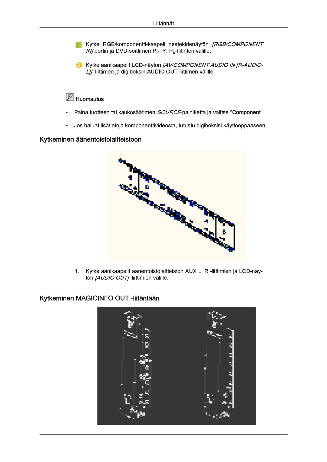 Samsung LH32CRTMBC/EN, LH32CRSMBC/EN manual Kytkeminen äänentoistolaitteistoon, Kytkeminen Magicinfo OUT -liitäntään 