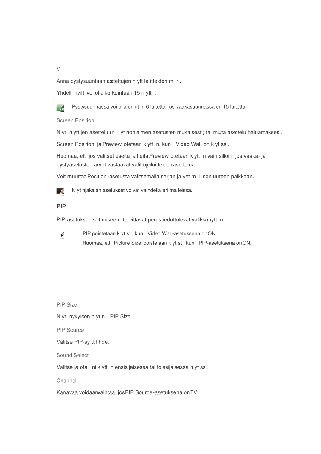 Samsung LH32CRSMBC/EN, LH32CRTMBC/EN, LH32CRSMBD/EN manual Screen Position, PIP Size, PIP Source, Sound Select 